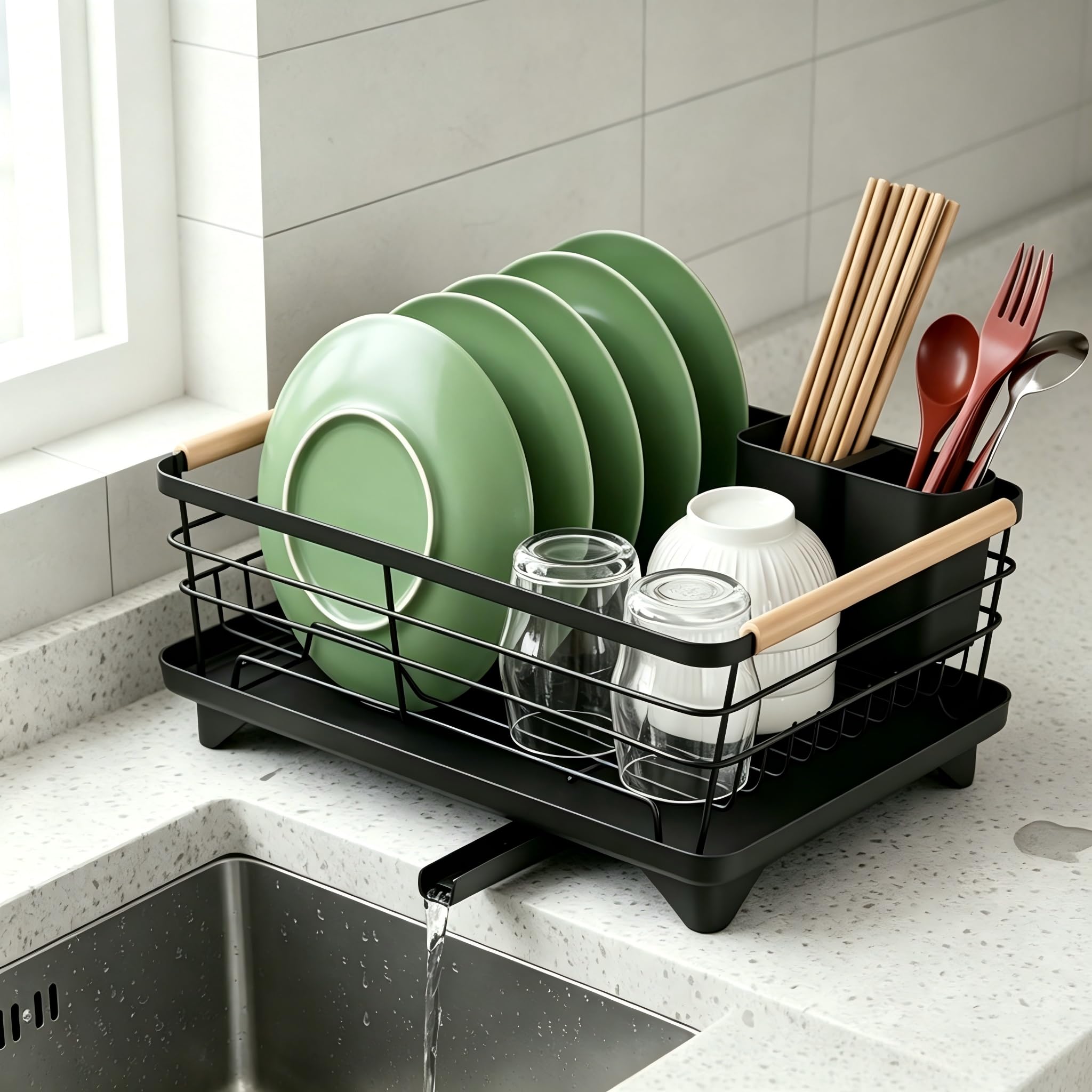 Fahako Black Dish Rack Kitchen Drainer Rack 360° Spout Sturdy Rustproof