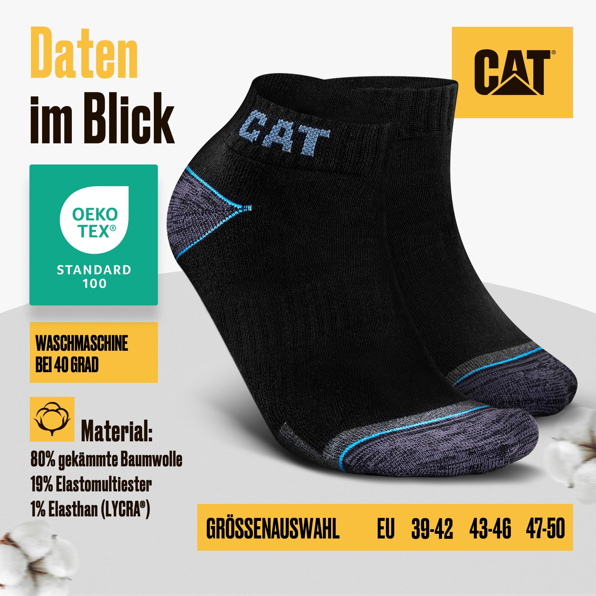 CAT CATERPILLAR POWER & COOL WORK SNEAKERS Lot de 6 paires de chaussettes de travail, baskets, chaussettes de travail, tailles 39-42, 43-46, 47-50