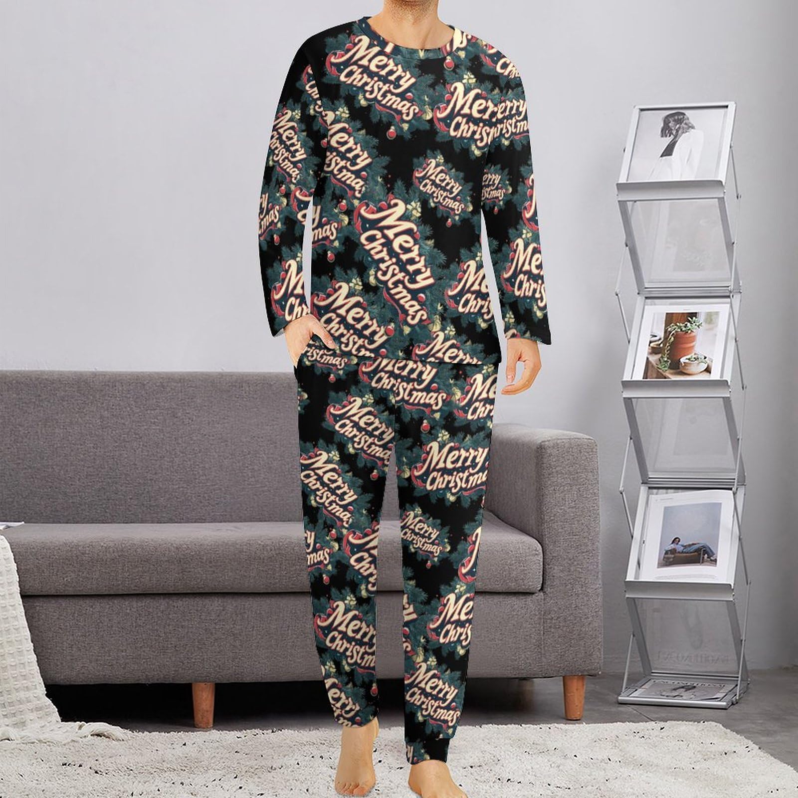 Conjunto de pijama para hombre con cuello redondo de 2 piezas de manga larga, suave parte superior e inferior transpirable para todas las estaciones