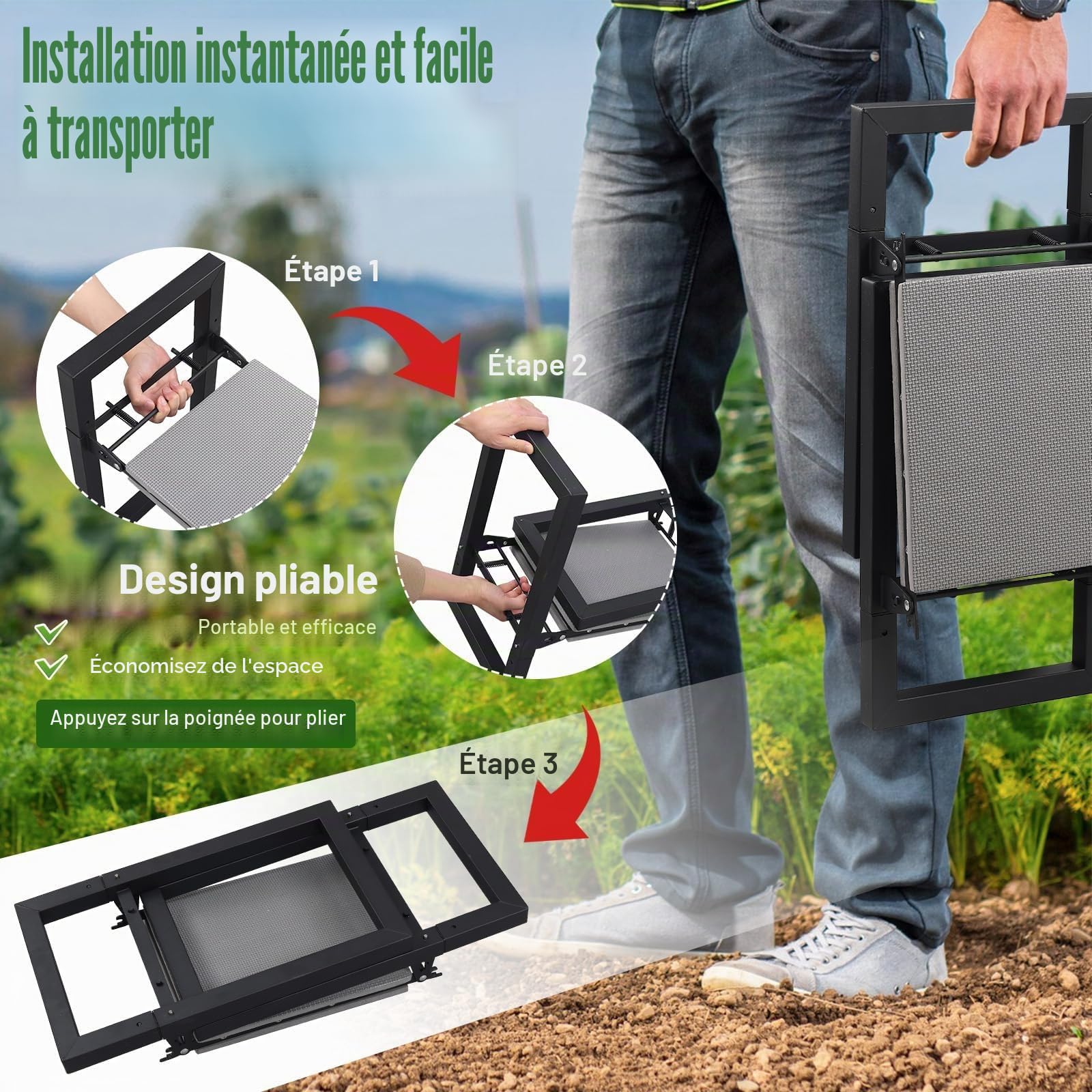 Banc de jardin pliable - Assise extra large de 31 cm - Avec rembourrage confortable - Idéal pour le jardinage, le camping et la pêche - Cadeau pour les jardiniers - Noir