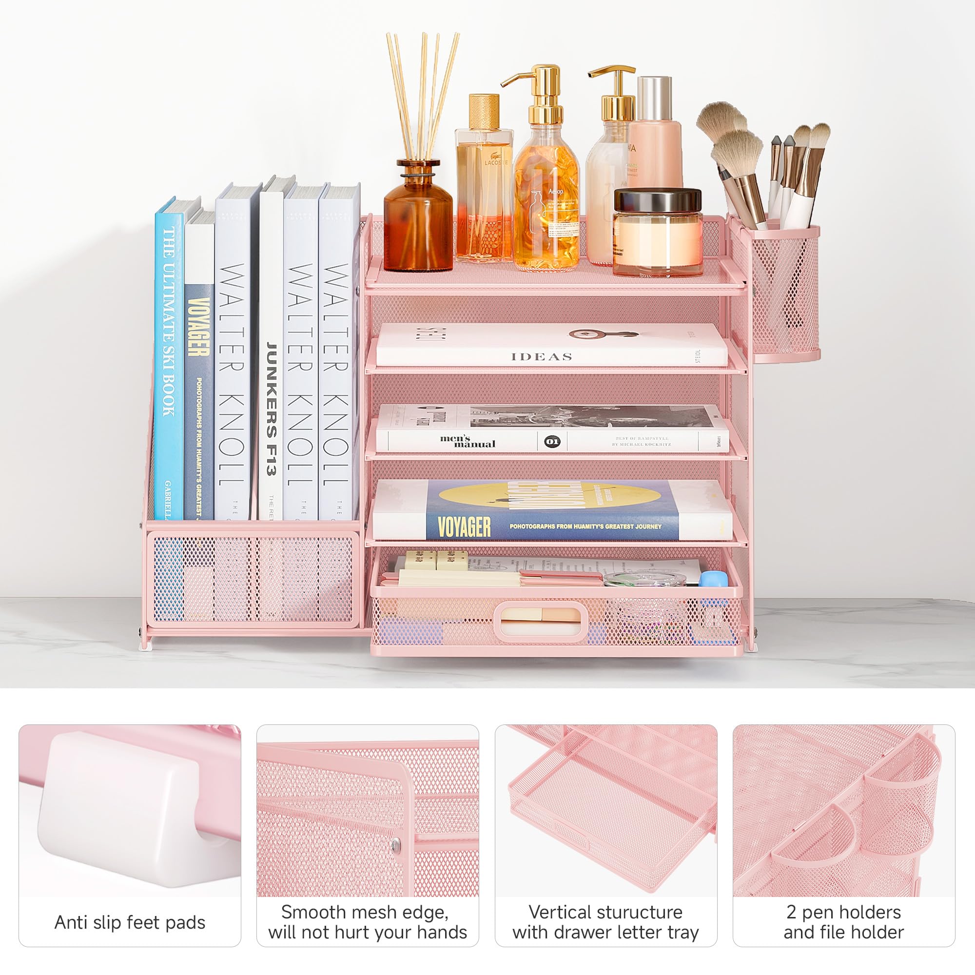 VITVITI Organizer Scrivania, 5 Livelli Portadocumenti con 2 Portariviste, Ufficio Accessori con 2 Portapenne, Organizer Ufficio con Cassettiera, Accessori Scrivania per Riviste, Casa, Scuola (Rosa)