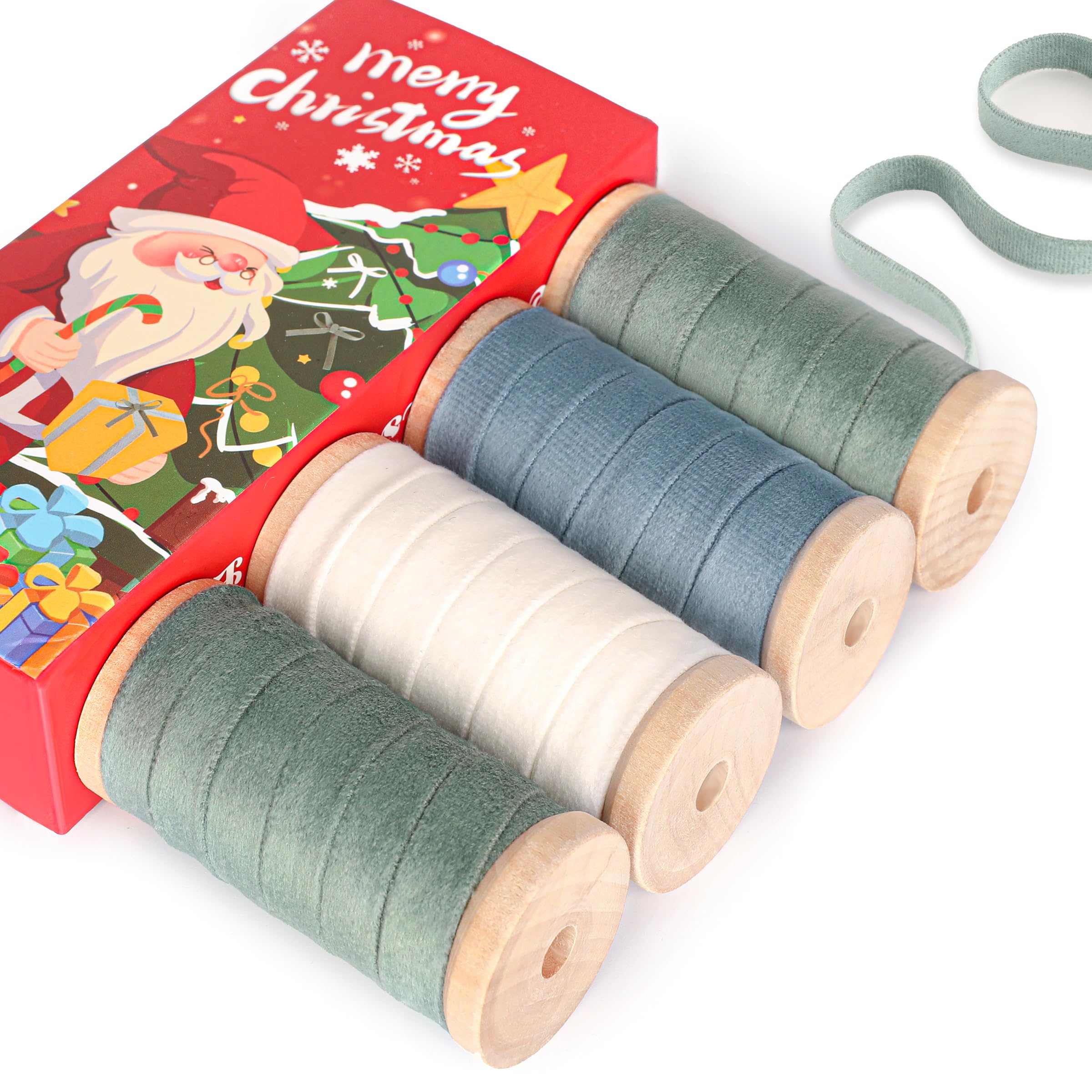 Velvet Ribbon 3/8" x 20Yd Fabric Ribbon 4 Rolls Christmas Vintage Wooden Spool Ribbons for Christmas Tree Wreath Decoration Handmade Crafts Ornaments Ribbon for Gift Wrapping Bow Making