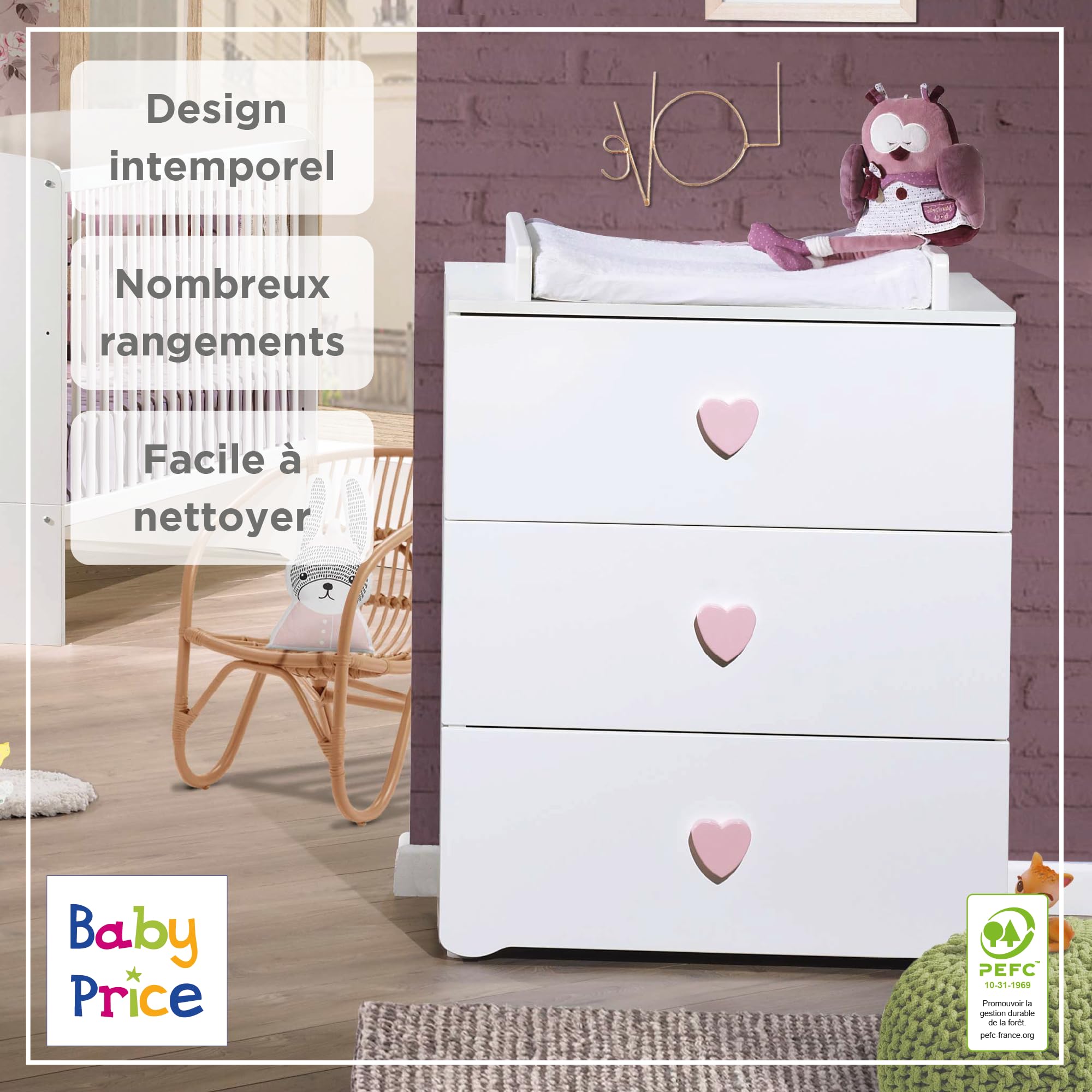 Commode bébé | Commode 3 tiroirs | Plan à Langer Inclus | Boutons Coeur Rose Basic | 76 x 97 x 66 cm | Fabriqué en France | Babyprice par Sauthon