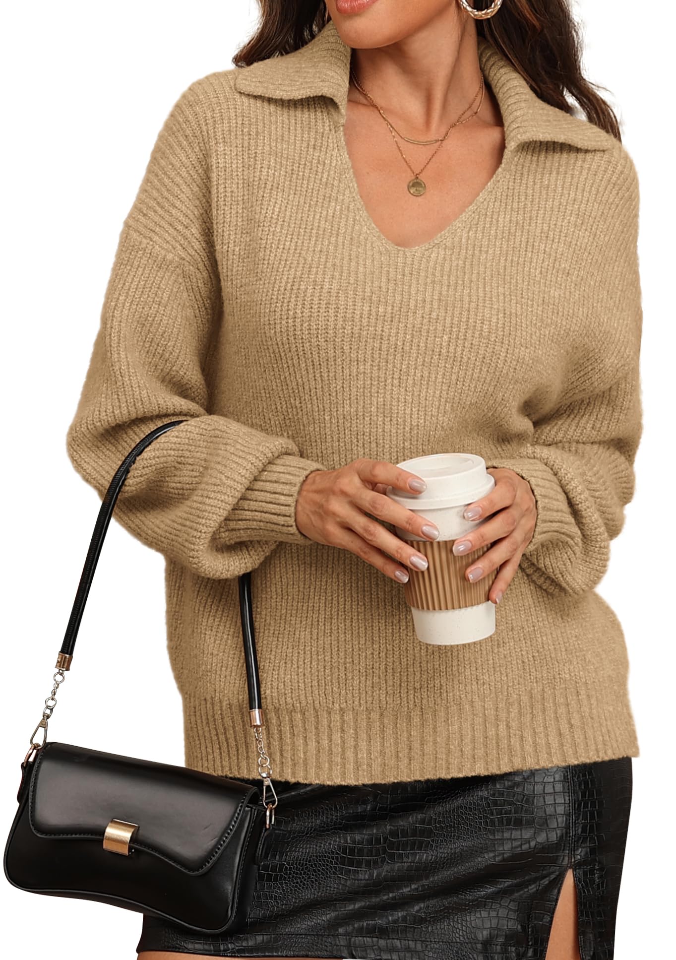 ATHMILE Sweaters for Women Fall Outfits 2025 Fashion Oversized V Neck Lapel Collar Knit Polo Shirts Pullover Sweater