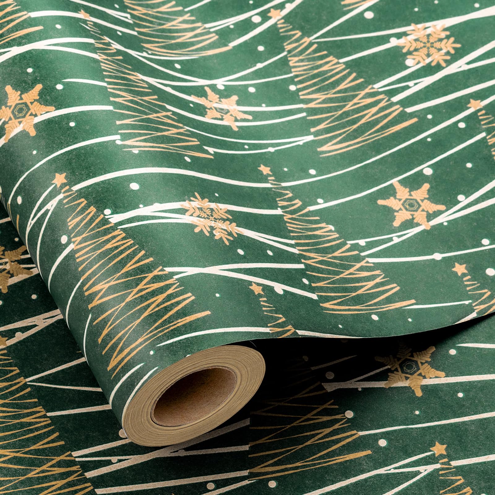 Yarcony Kraft Christmas Tree Wrapping Paper - 17 Inch X 33 Feet - Creative Recyclable Festival Green Christmas Tree w/Elegant Line Drawing Design Winter Gift Wrap Paper for Holiday, Party Celebration