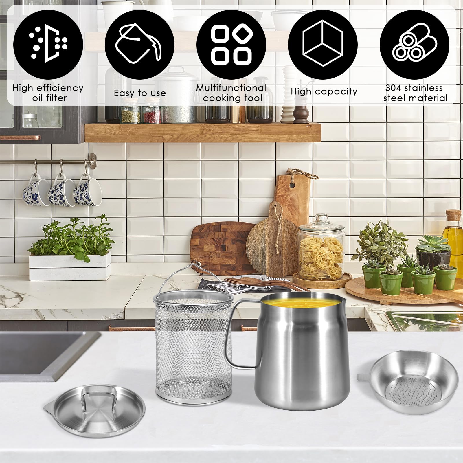 Vaso per filtro dell'olio in acciaio inox, 1,5 l/2 l, capacità, con filtro a rete fine e cestello per friggitrice, serbatoio per filtro dell'olio multifunzionale, contenitore per grasso per