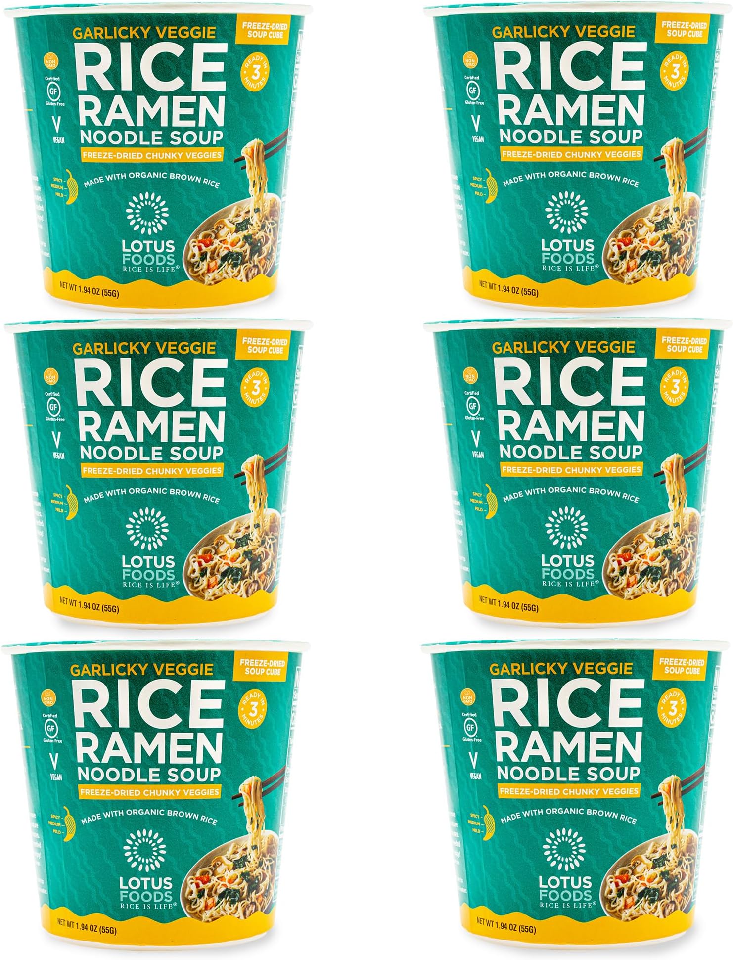 Organic Garlicky Veggie Rice Ramen Noodle Soup - Ramen Noodles, Cup of Noodles, Instant Ramen Bowl, Made With Organic Brown Rice - 1.94 Oz Cups (Pack of 6)