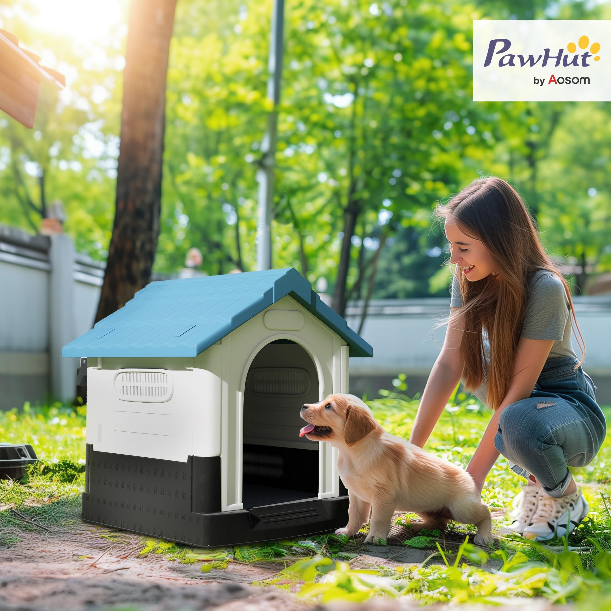 PawHut Cuccia per Cani da Esterno in Plastica, Casetta per Cani Piccoli e Mini con Finestre, Tetto Spiovente e Base Rialzata, 64.5x57x66 cm, Blu
