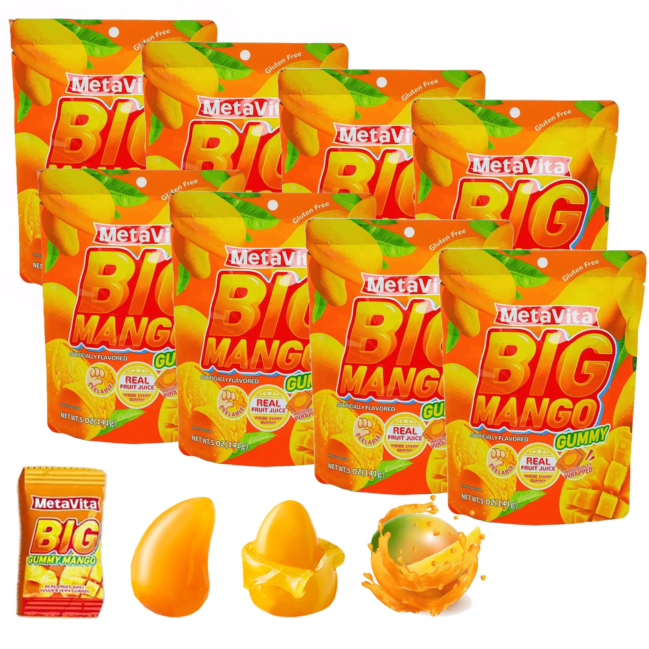 (8 Packs 2.8LB）MetaVita Peelable Mango Candy – Individually Wrapped peelable Gummies Candy-Real Mango Puree – Big Chewy Gummy Candy, Gluten-Free, Fun to Peel