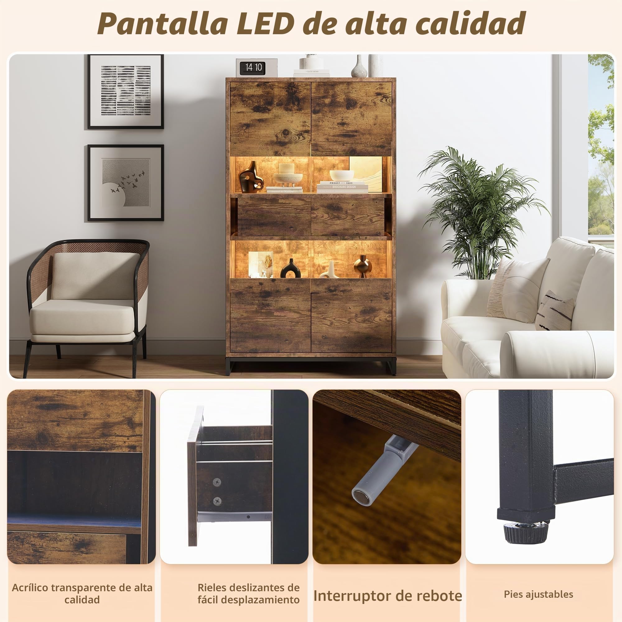 Merax Vitrina transparente con iluminación LED, estantería para libros con 2 puertas y 2 cajones, vitrina coleccionable, vitrina de pie, armarios de vino para salón, comedor, oficina, marrón vintage