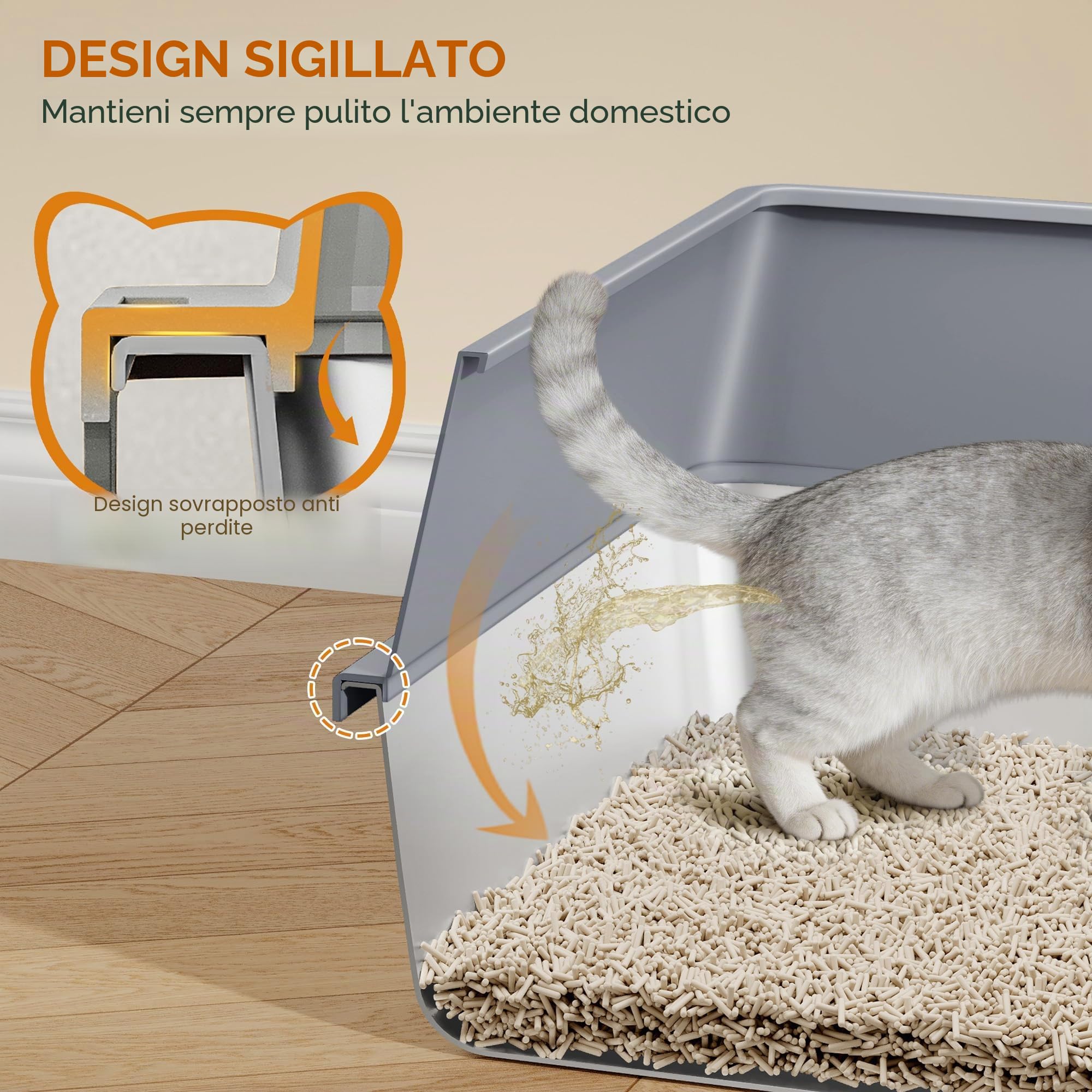 Lettiera in Acciaio per Gatti XXL, 60,5x40x29 cm, Grigio Scuro | Metallo Lettiera Acciaio con Bordi Alti, Grande Capacità Lettiere per Gatti, Paletta, Facile da Pulire FPLB003SG2
