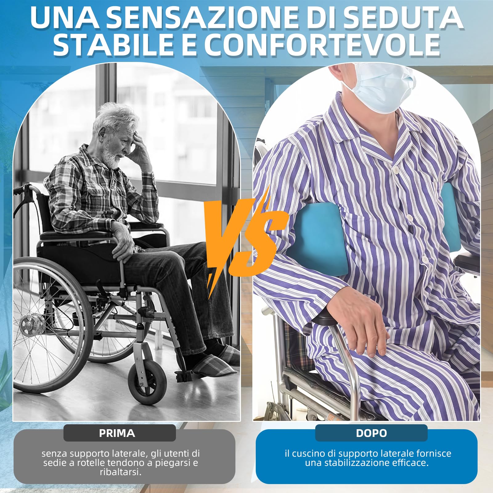 Cuscino di supporto laterale regolabile per sedia a rotelle, chiusura antiribaltamento universale, rivestimento antidecubito, supporto di posizionamento laterale e aiuto di sicurezza per sedie