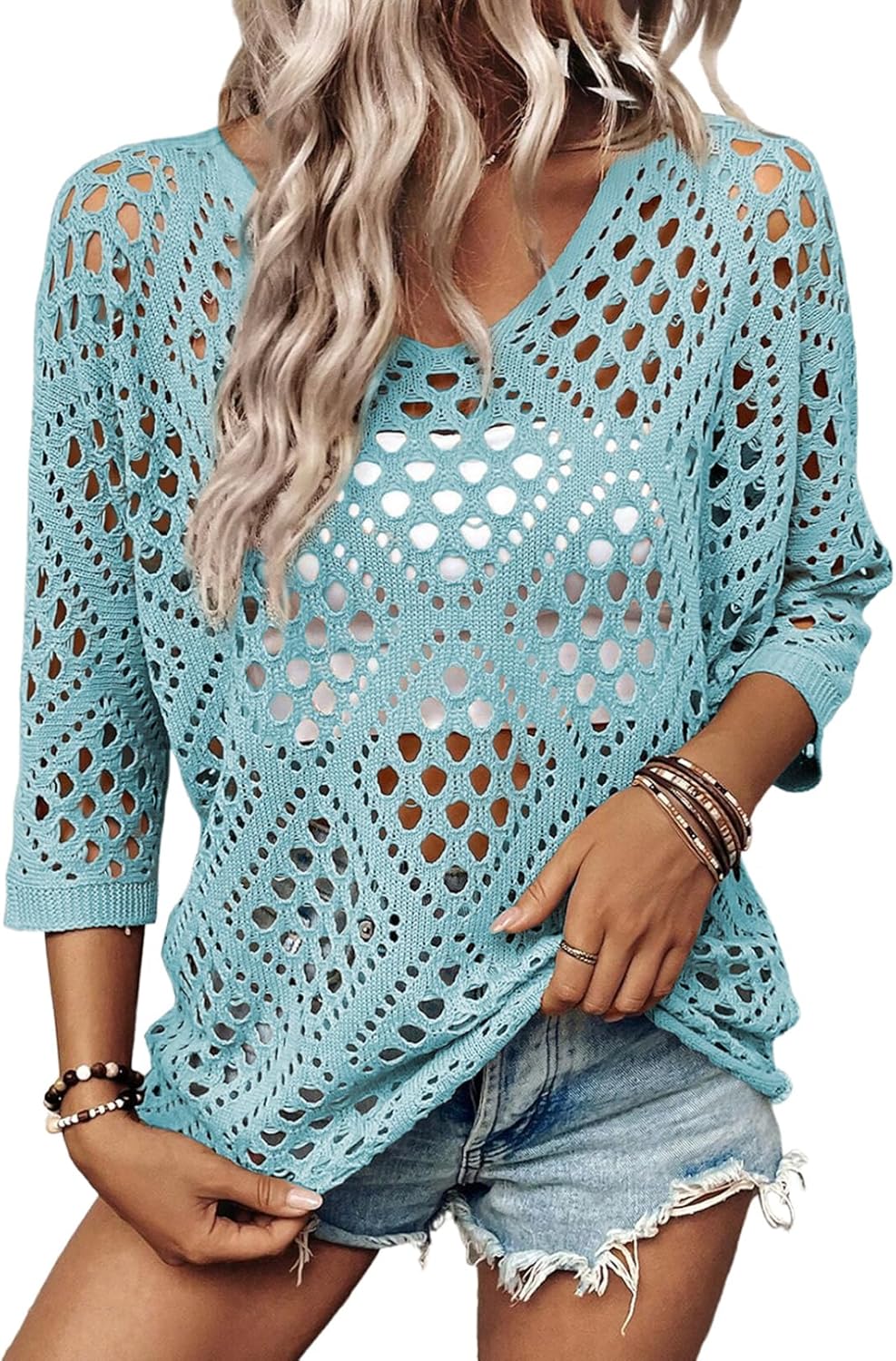 SHEWIN Womens Summer Tops Hollow Out Beach Crochet Cover Ups V Neck 3/4 Sleeve Pullover Sweater Shirts