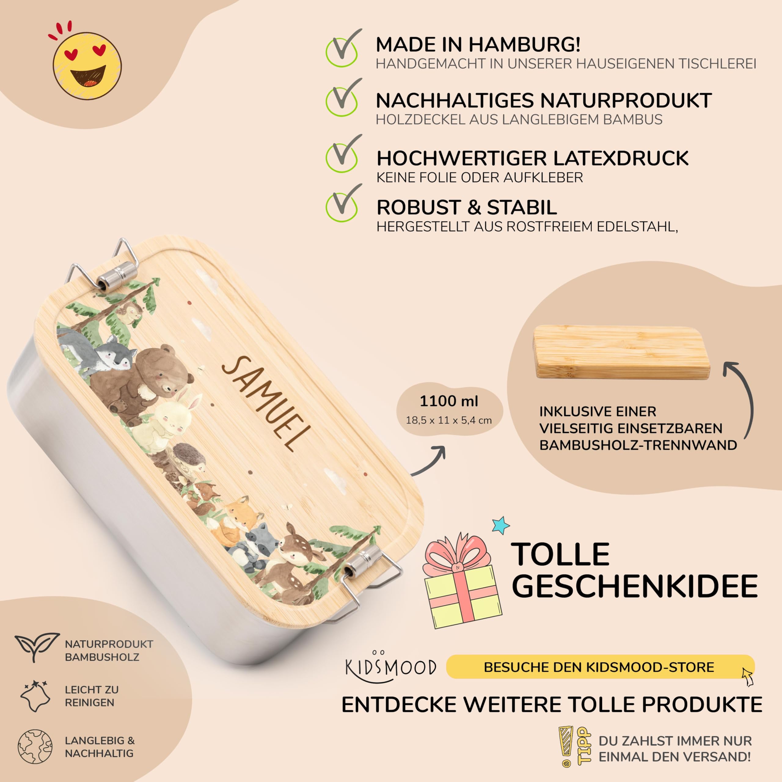 Kidsmood - Personalisiertes Trinkflasche & Brotdose Set, Edelstahl Brotdose Kinder mit Fächern & Trinkflasche Kinder Personalisiert mit Namen – Geschenk zur Einschulung Junge & Schultüte Mädchen