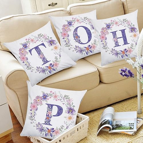 Miniatura 6 de Evemri Fundas de almohada con monograma de 18 x 18 pulgadas, almohadas decorativas con iniciales florales para el hogar, casa de campo, apellido,