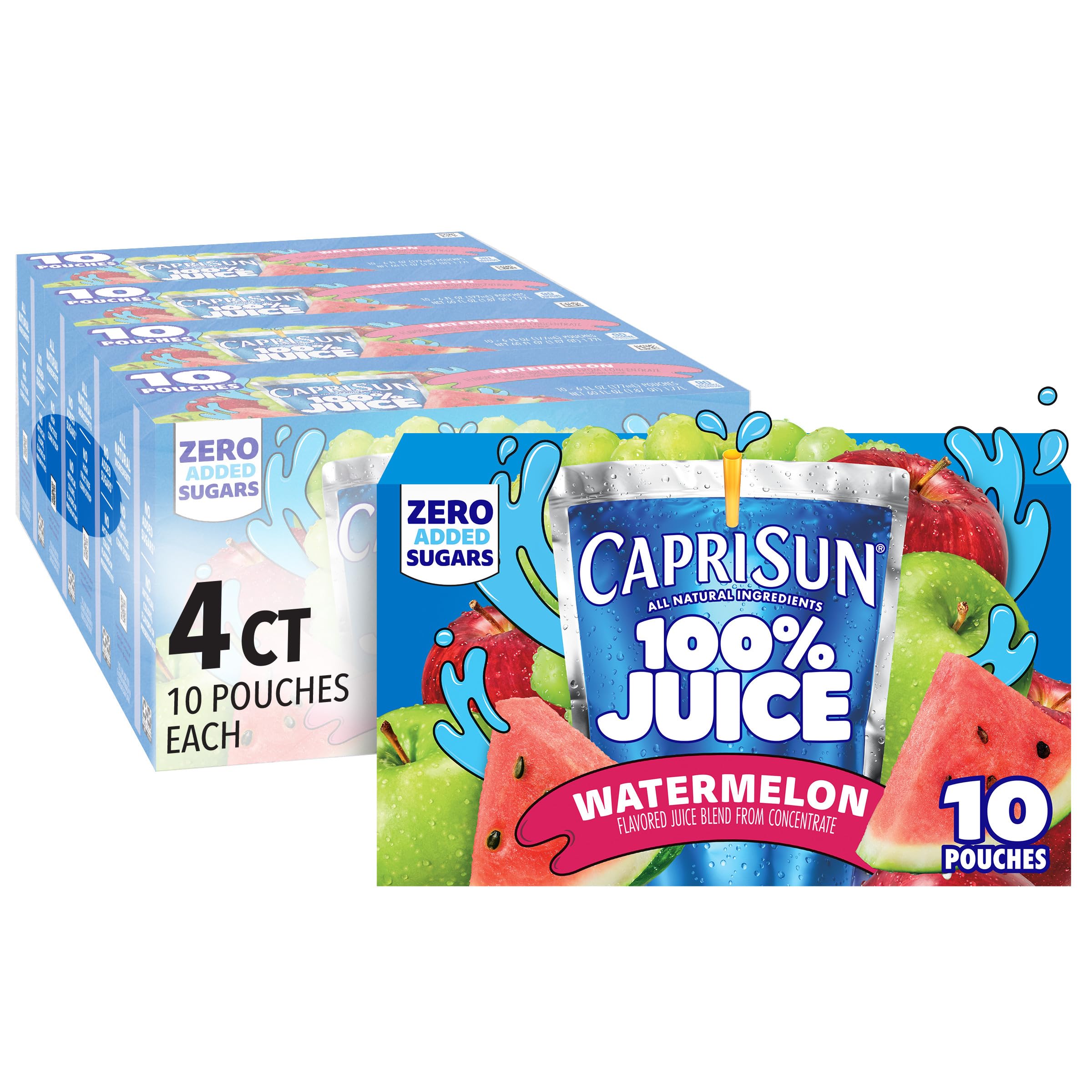 Capri Sun 100% Juice Watermelon Naturally Flavored Juice Blend, 40 ct Pack, 4 Boxes of 10 Pouches