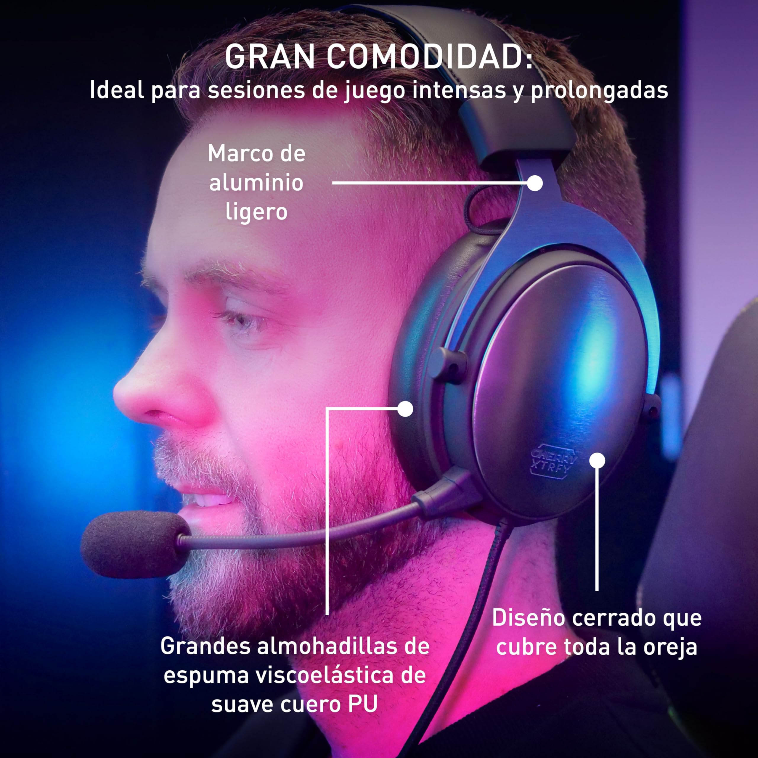 Cherry XTRFY H1, Auriculares Profesionales Gaming, Optimizados para Esports, Almohadillas Grandes con Espuma Viscoelástica, 2 Micrófonos Intercambiables, Negro