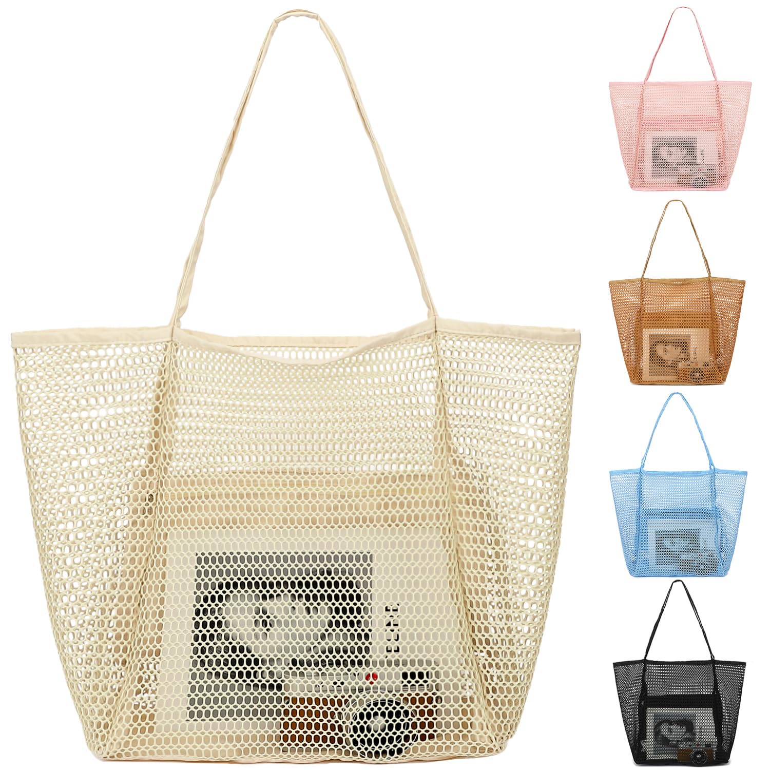 Fammart Mesh Beach Bag, Large Beach Tote with Zipper Pocket, Toys Pool Bag for Family Travel Vacation Cruise Essentials