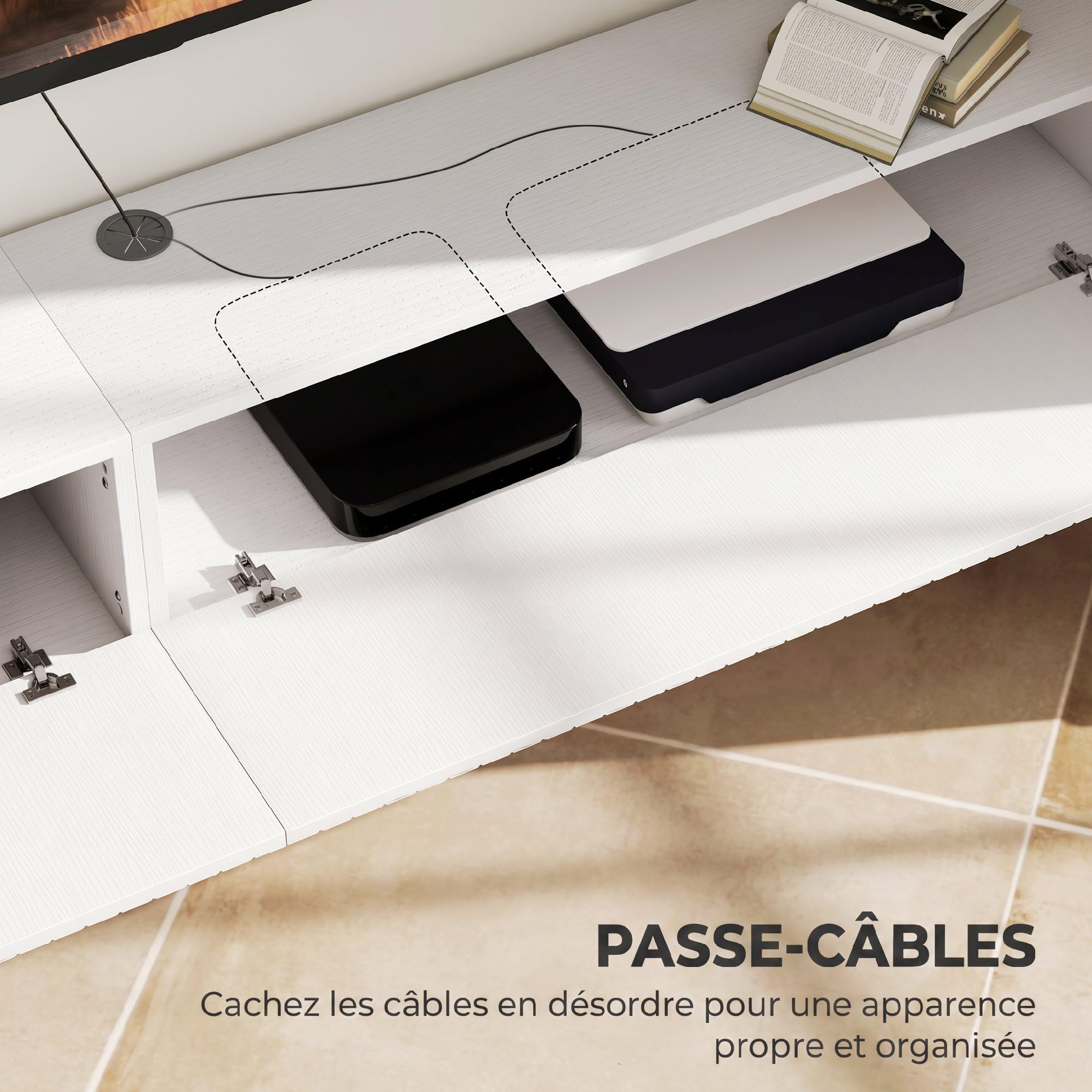 HOMCOM Meuble TV Suspendu 180 cm pour Téléviseur 72 Pouces Blanc | Meuble Télé, 2 Portes Cannelées Rabattables, Banc TV Mural Flottant, Salon, Chambre à Coucher