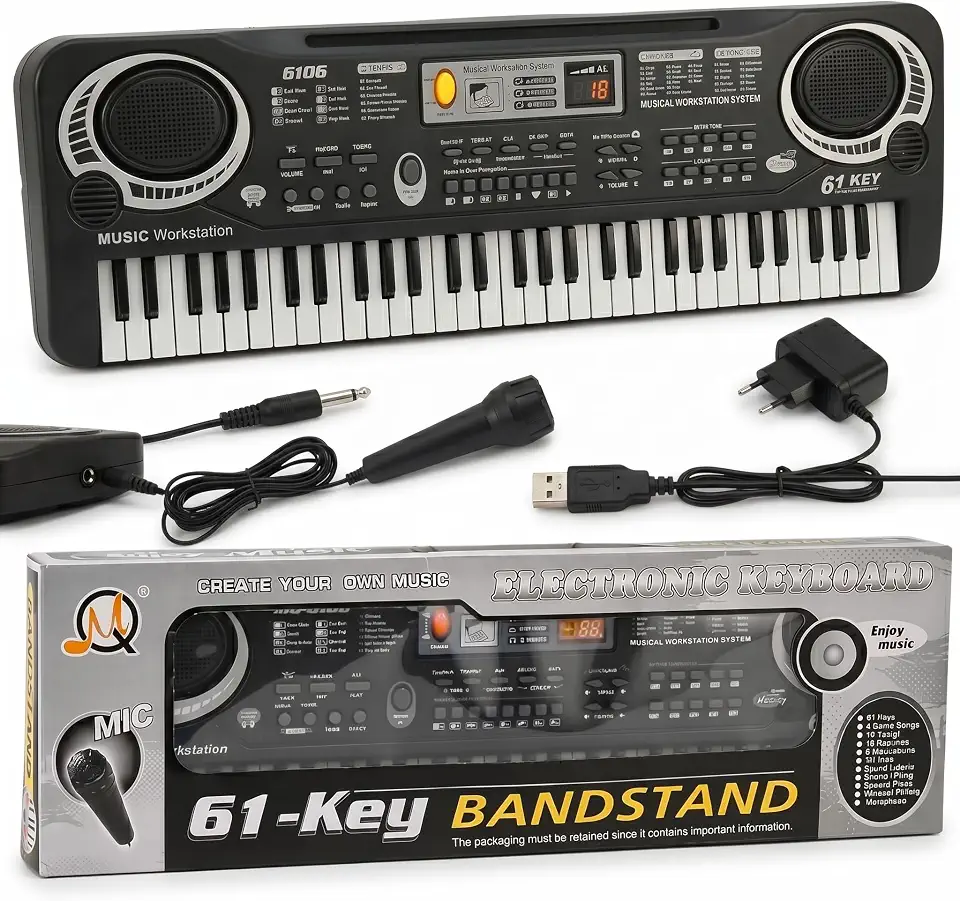 Teclado Musical Infantil 61 Teclas Piano Eletrônico Com Microfone E Fonte Bivolt Gravador Educativo MQ-6106 Original Completo Ideal Para Iniciantes Estímulo Musical Crianças