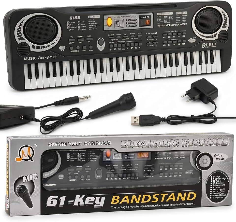 Teclado Musical Infantil 61 Teclas Piano Eletrônico Com Microfone E Fonte Bivolt Gravador Educativo MQ-6106 Original Completo Ideal Para Iniciantes Estímulo Musical Crianças
