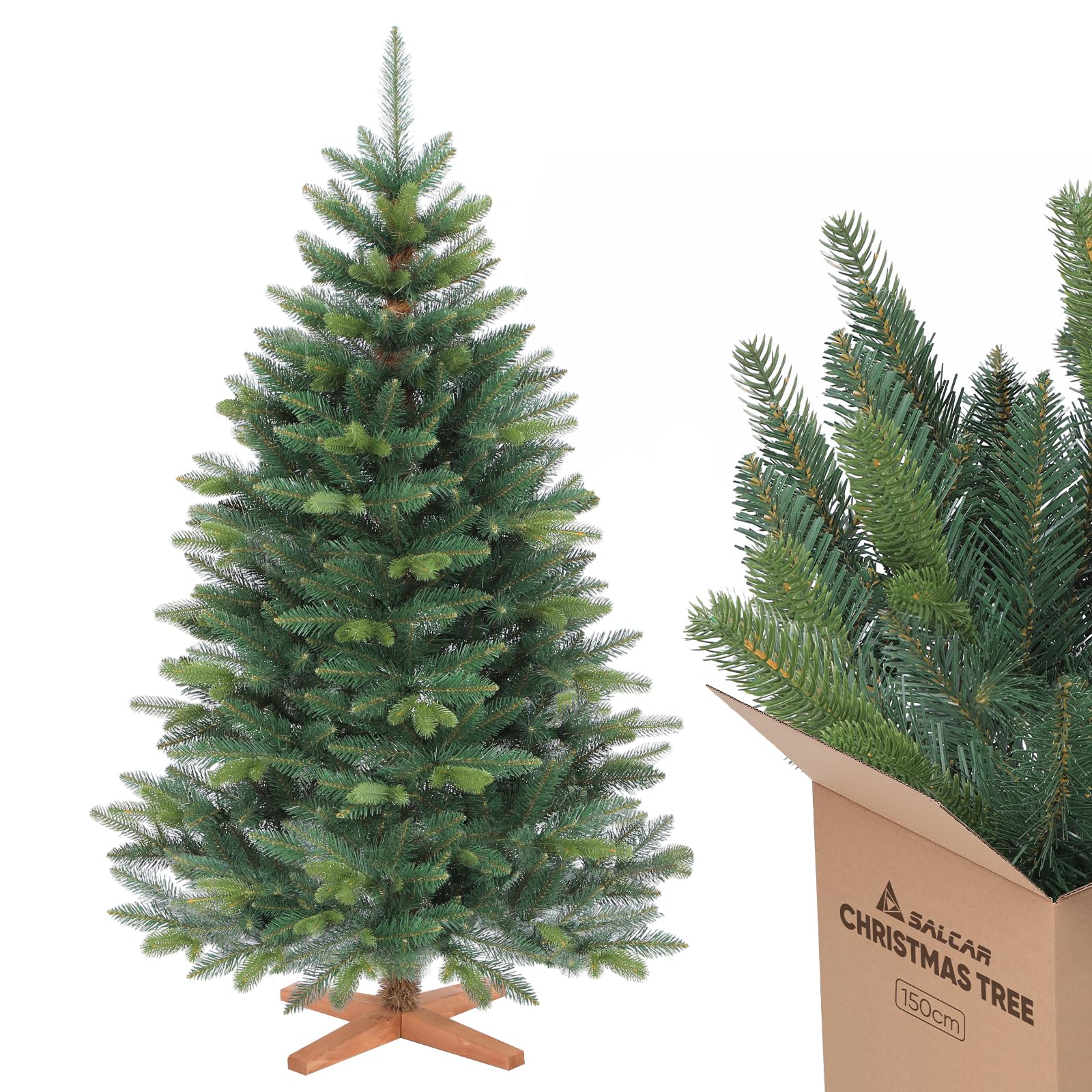 SALCAR Sapin de Noël Artificiel 150 cm, Branches en Mélange PE et PVC, Couleur Verte et Vert Clair, Base en Bois, Arbre Réaliste et Durable
