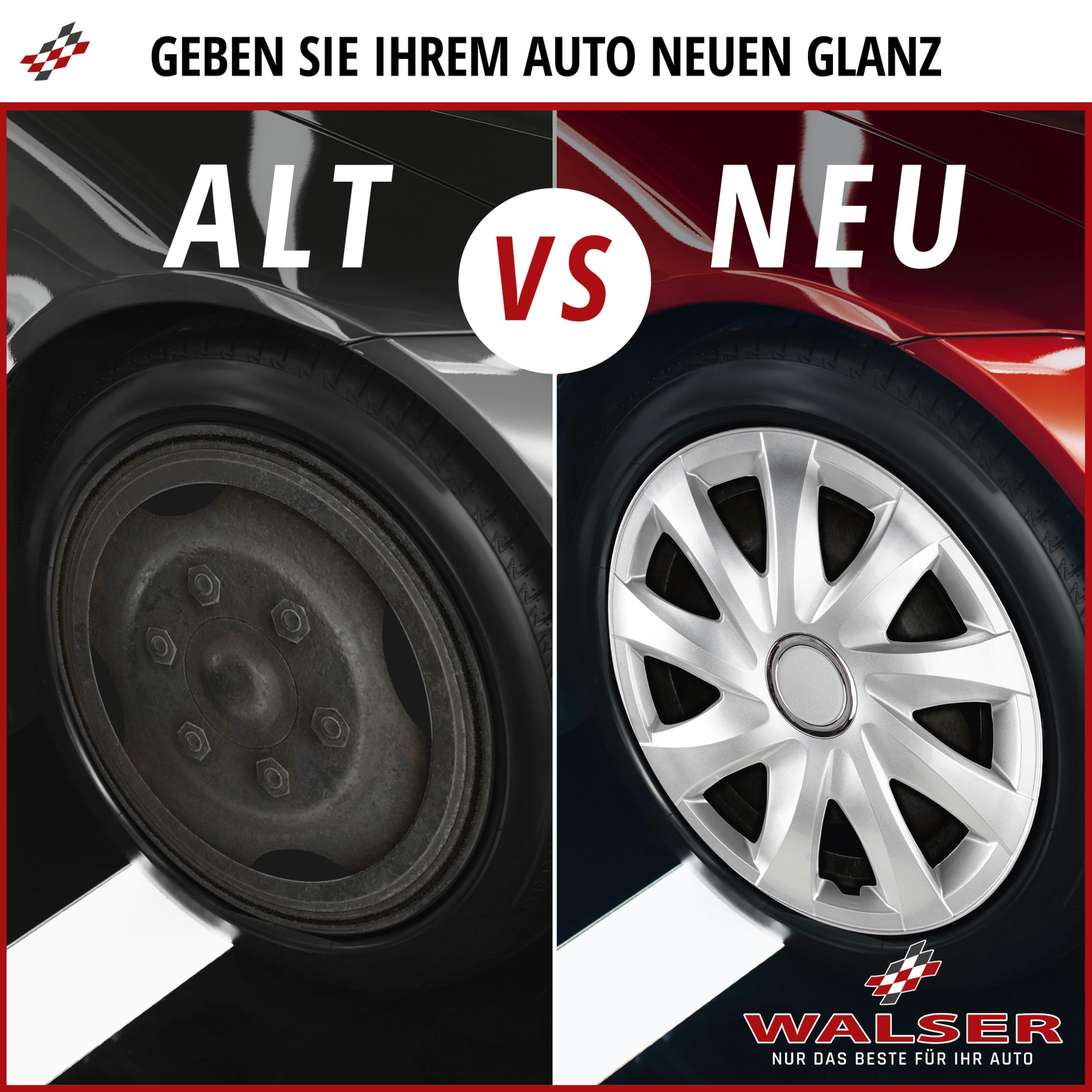 Walser Kołpaki premium Drifter, 4-częściowy zestaw kołpaków bardzo dobry*, kołpaki ozdobne 16 cali, kołpaki do felg aluminiowych, felg stalowych, srebrnych kołpaków ozdobnych – Made in Europe