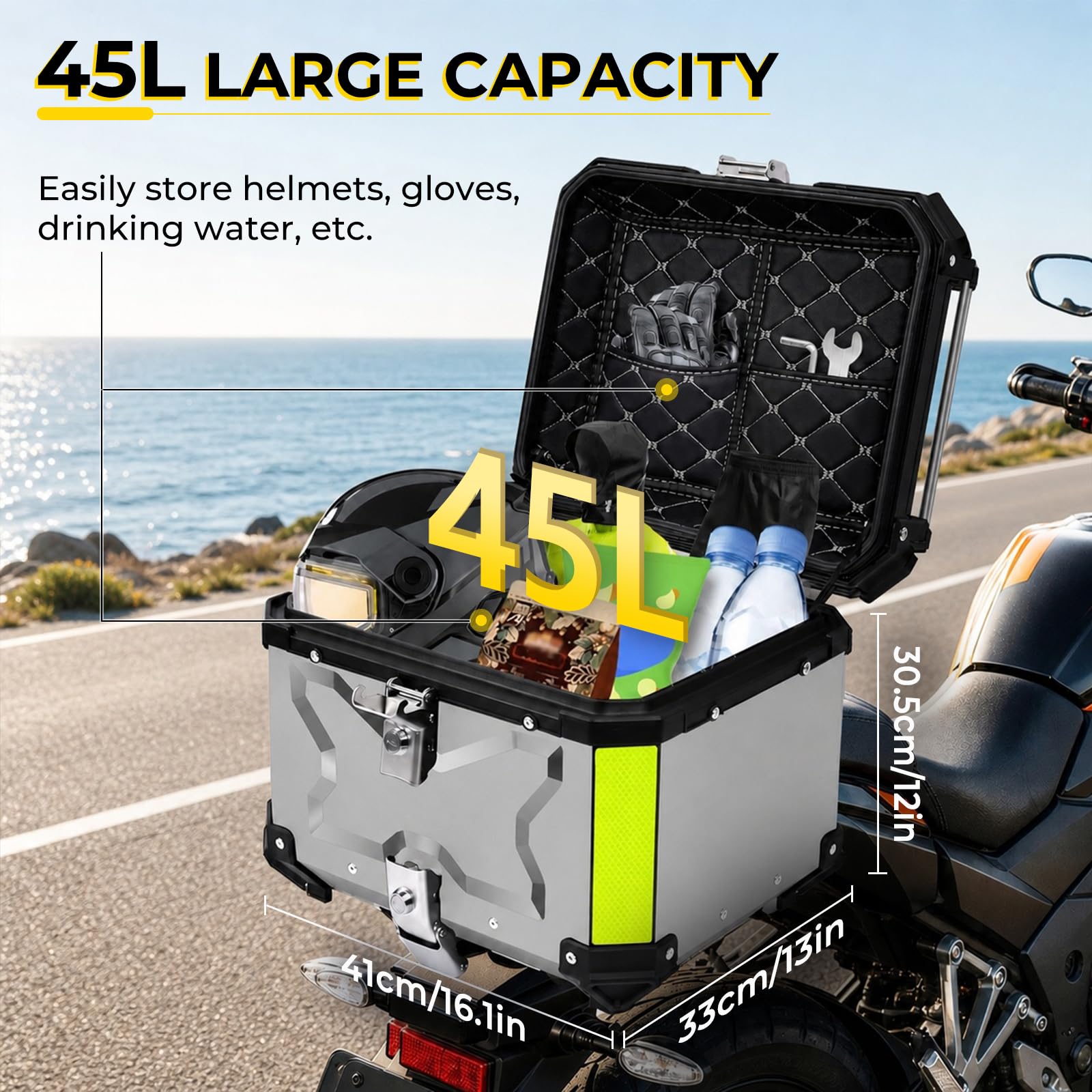 Baúl para motocicleta de aluminio de 45 L, 45 litros, maletín trasero impermeable universal, cierre rápido con cerradura, acolchado para la espalda, forro interior, caja trasera Enduro
