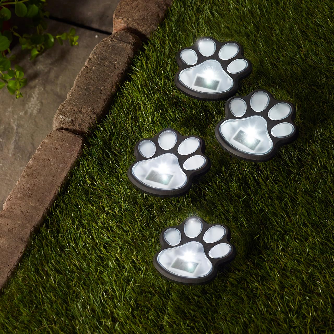 mysmartbuy.com Set of 4 Solar Powered Paw Print Design Stake Lights – Weatherproof Outdoor Garden Fun Novelty Lighting with Cool White LEDs for Pathway, Lawn, Border – Each Measure 9 x 9cm