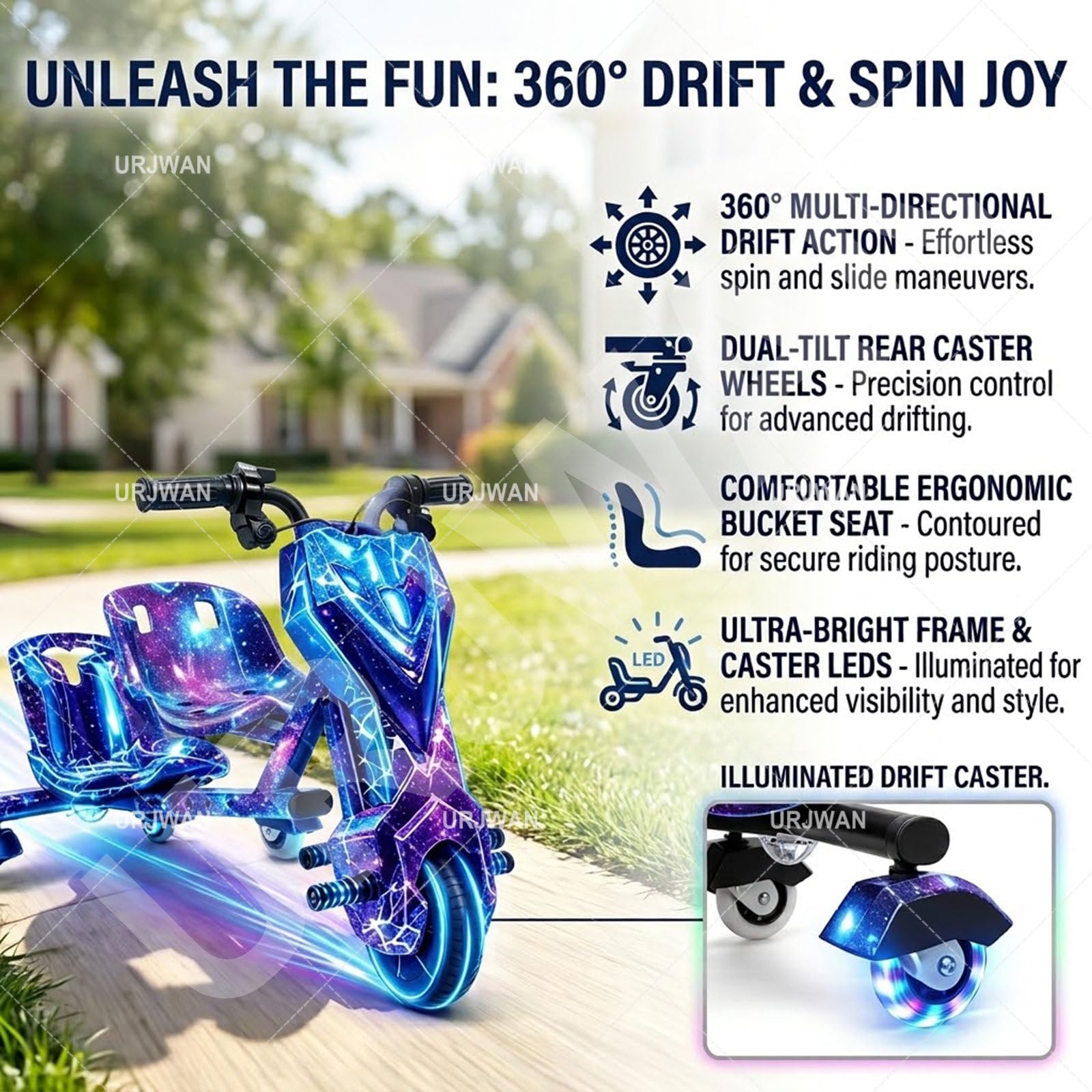 Triciclo Eléctrico para Niños de 5 a 8 Años, Realizar Derrapes y Giros de 360°, Carro Electrico Niño Montable, Juguete Scooter Eléctrico para Niños con Luces de Colores 6-Inch-C