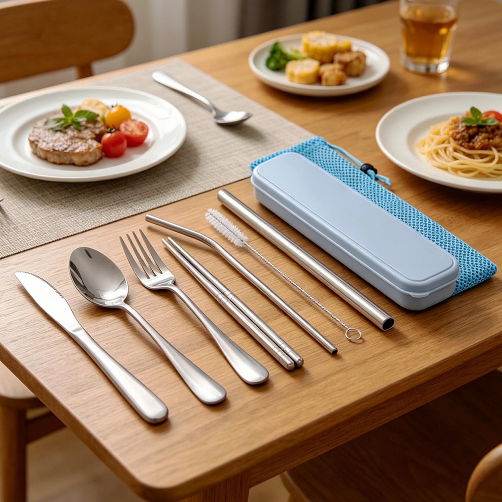 Travel Utensils with Case, Cutlery Set Portable Camp Reusable Flatware Silverware, 7 Pcs Stainless Steel Reusable Cutlery Set, Include Fork, Spoon, Knife, Chopsticks, 2 x Straws & Straw Cleaner Brush