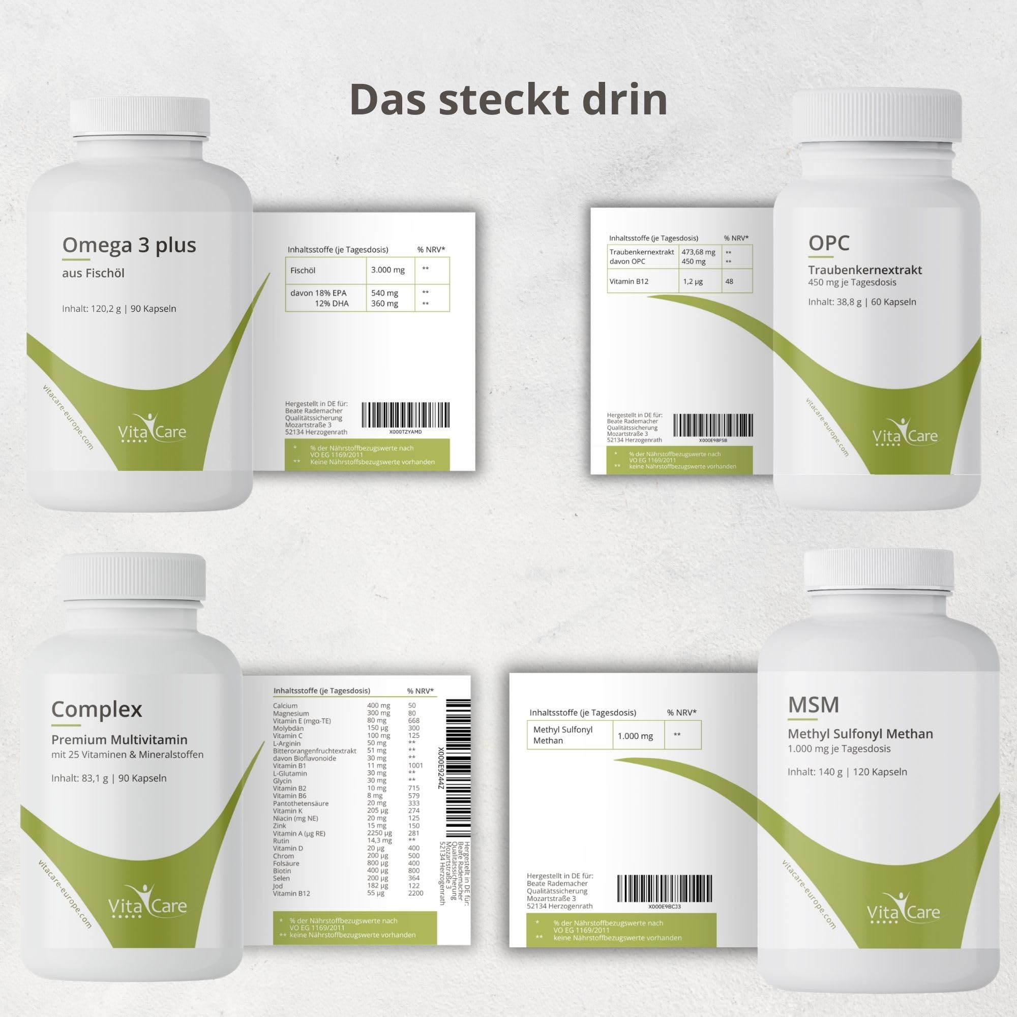 VitaCare 21-Tage Stoffwechsel-Kur Paket, 6-teiliges Komplettset, enthält MSM, Multivitamin Complex, Omega 3 plus, OPC Traubenkern & Globuli