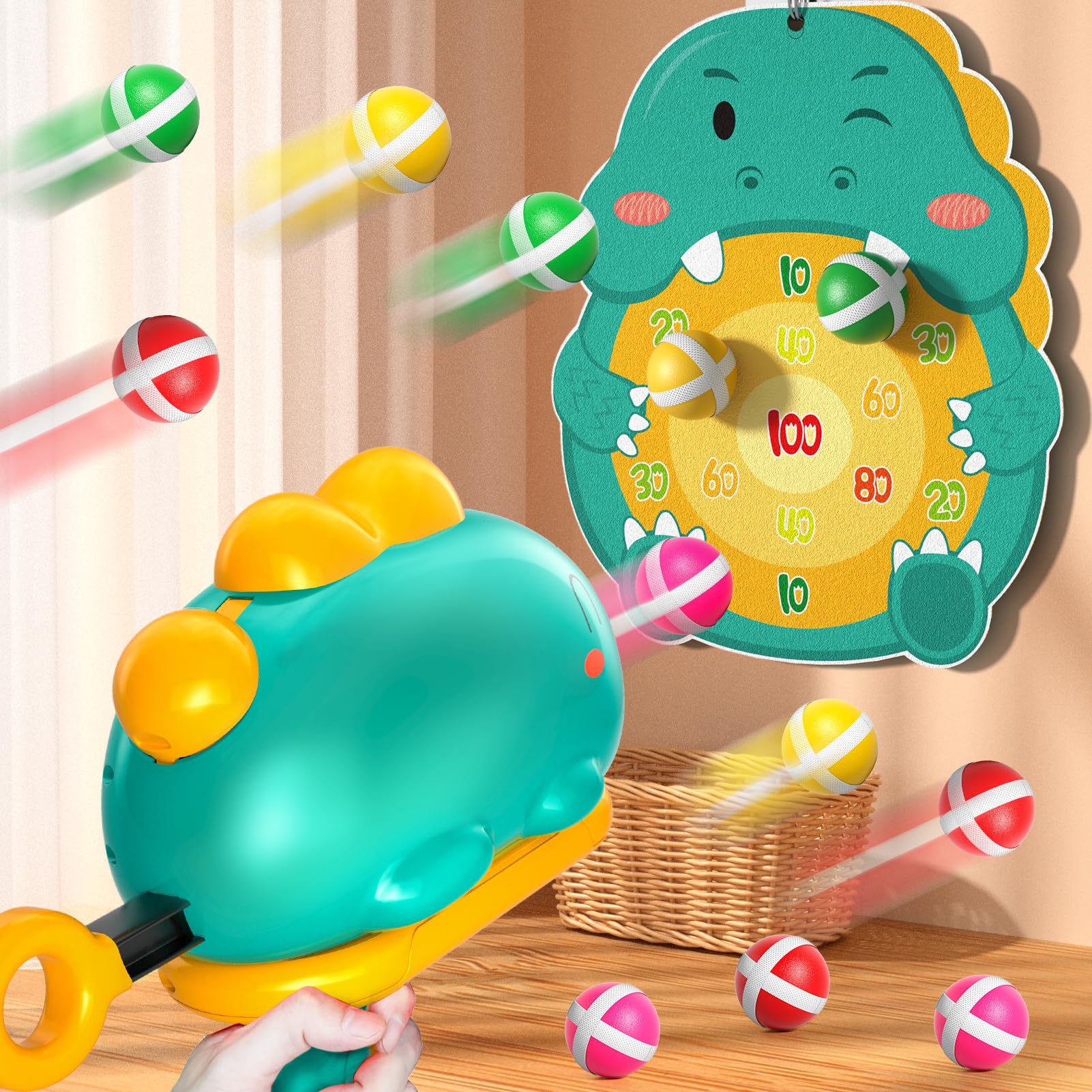 Kids Dinosaur Shooting Game Toys for 3-6 Years Old Boys, 12 Sticky Balls, 1 Dinosaur Launcher, 1 Board, Indoor & Outdoor Toys for Boys