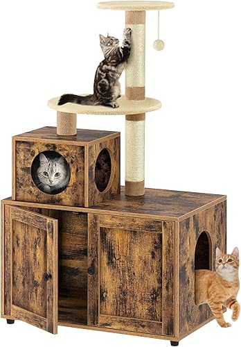 Miniatura 1 de FavePaw Caja de arena para gatos muebles de baño ocultos para gatos con divisor casa de madera para gatos con torre de árbol para gatos gabinete de
