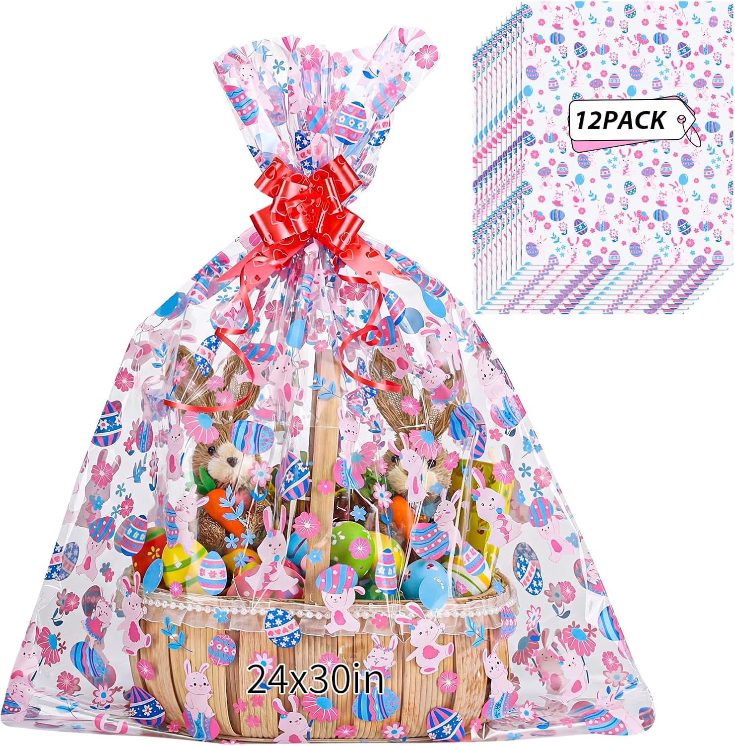 woric 12Pcs Easter Cellophane Wrap Bags for Gift Baskets 24x30 Inch Large Clear Cellophane Gift Bags Easter Bunny & Eggs Baskets Bag for Kids Egg Treats