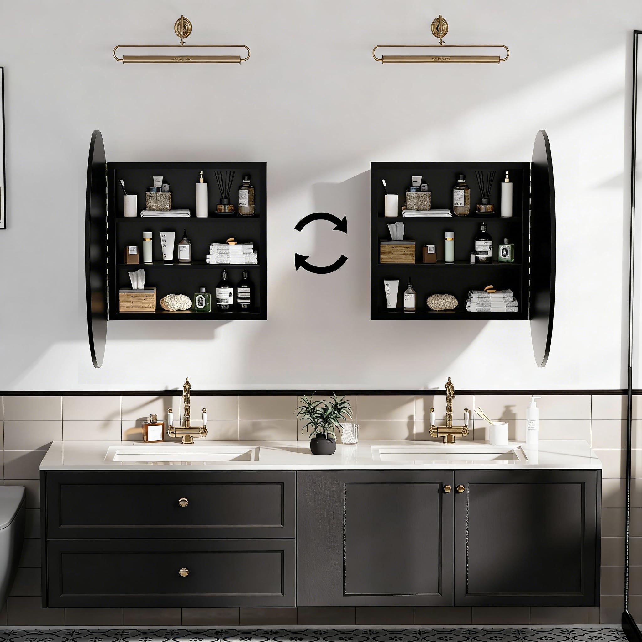 Armoire Salle de Bain avec Miroir Murale Arrondi Métal Armoire de Toilette Miroir avec 2 Étagère Noir (Aucun Assemblage requis) 52x52x12.5 cm