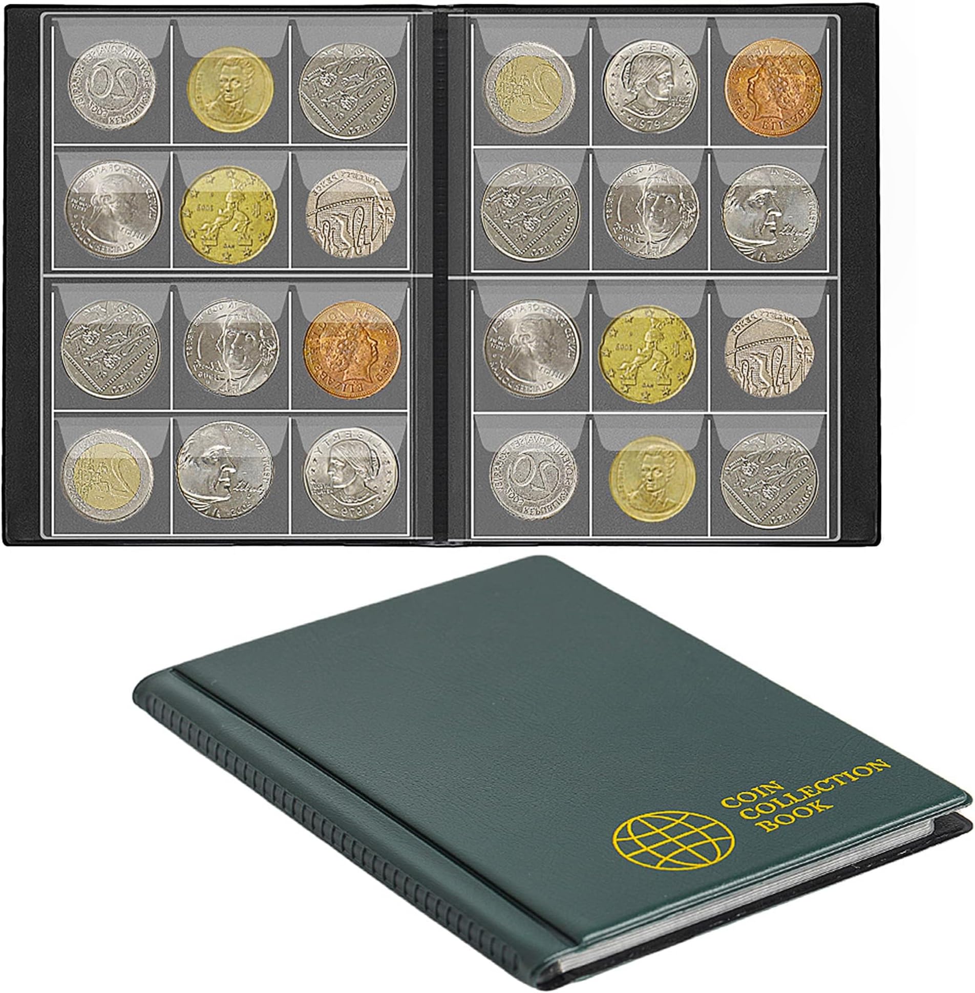 Uncle Paul 120 Pockets Coin Collection Album - Fits Coins Under 25mm, 30x30mm/1.2x1.2 Inch Pocket Coin Holder Collecting Storage Book for Penny Euros CS0112GR