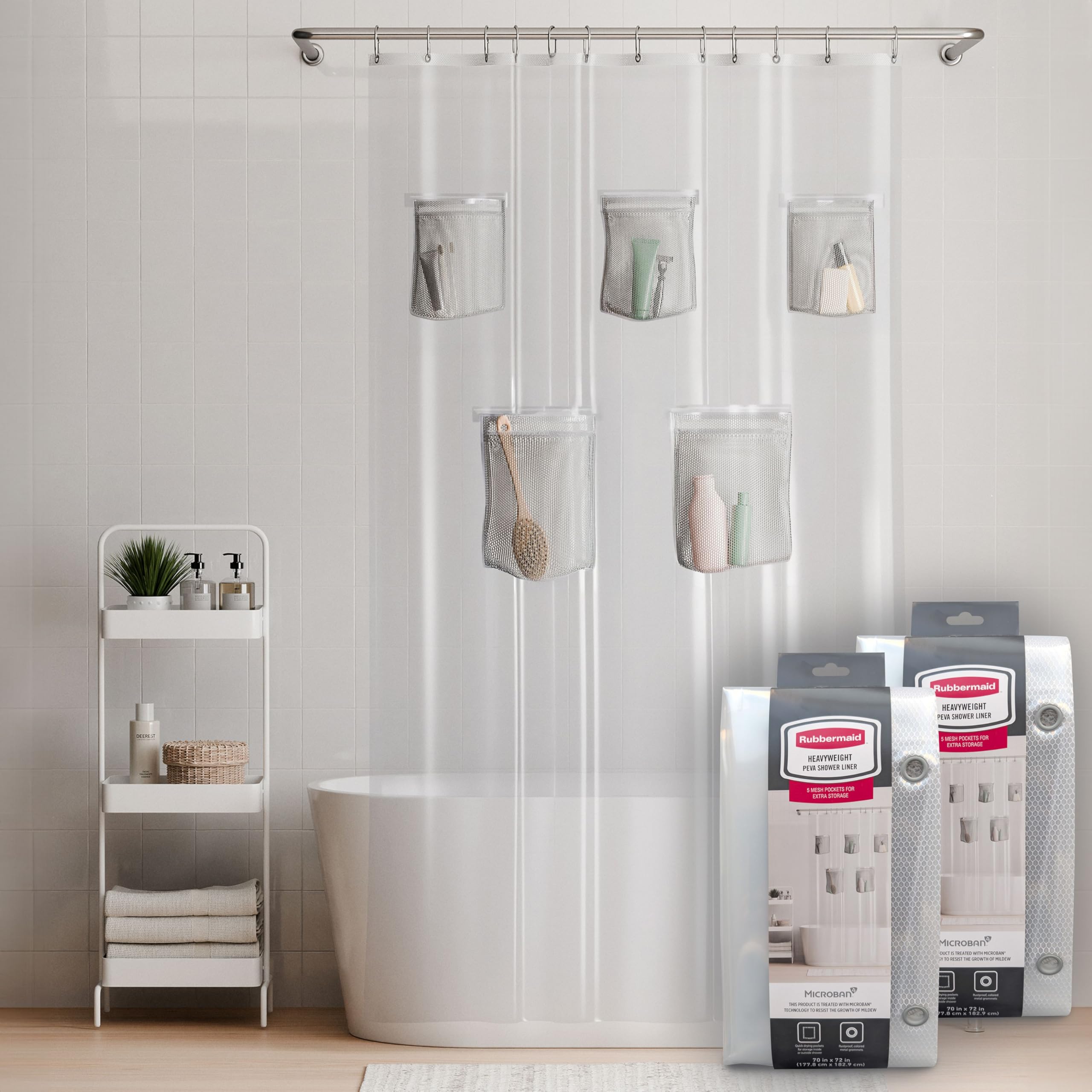 Rubbermaid Heavyweight PEVA Shower Curtain Liner with 5 Mesh Storage Pockets, Waterproof Shower Liner with Rustproof Metal Grommets, BPA-Free, 70 x 72 Inches, Clear with Grey Grommets and Pockets