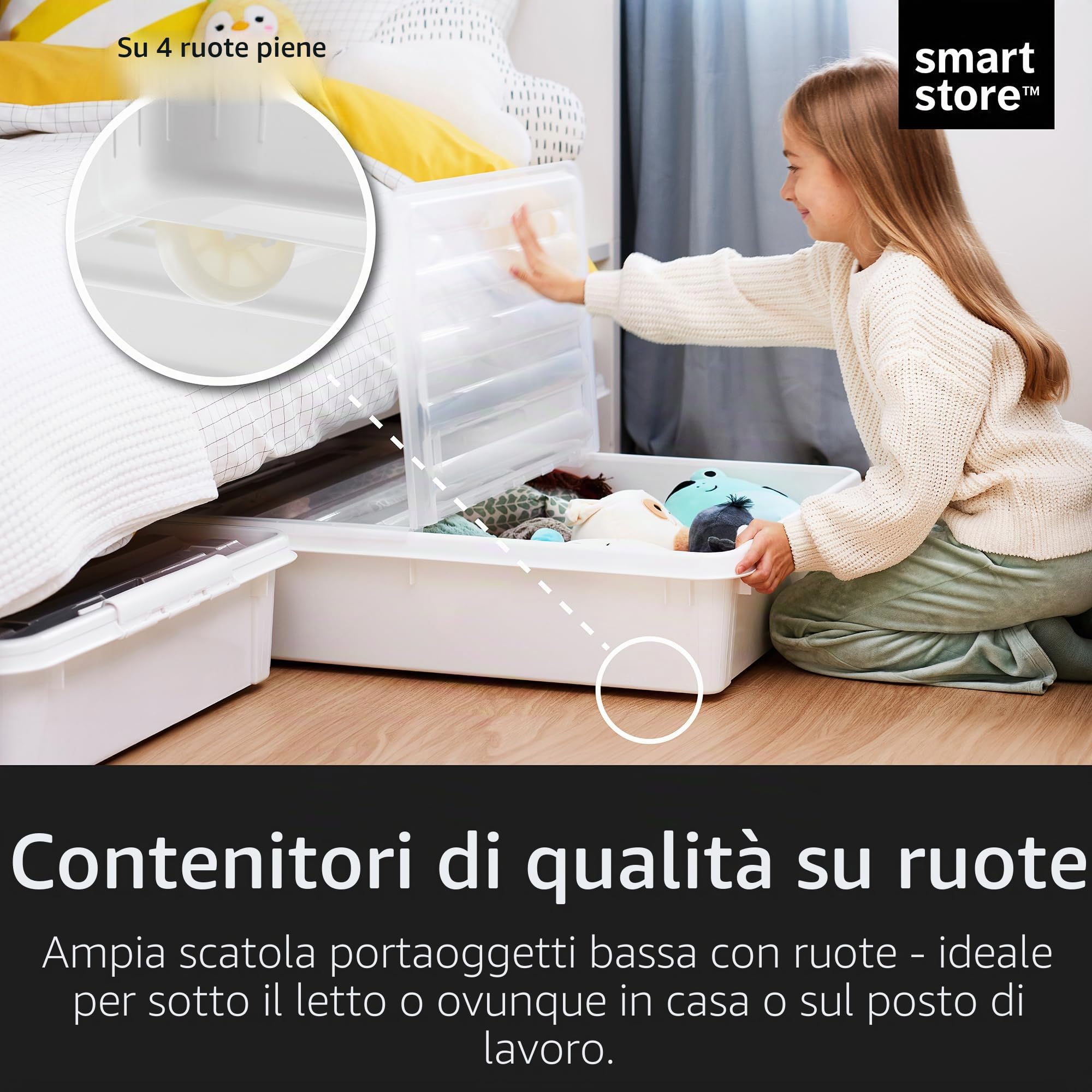 SmartStore Grande scatola portaoggetti da mettere sotto il letto, con coperchio e ruote, 60 l, coperchio pieghevole trasparente, clip resistenti, in plastica riciclata, 79 x 59 x 18,5 cm