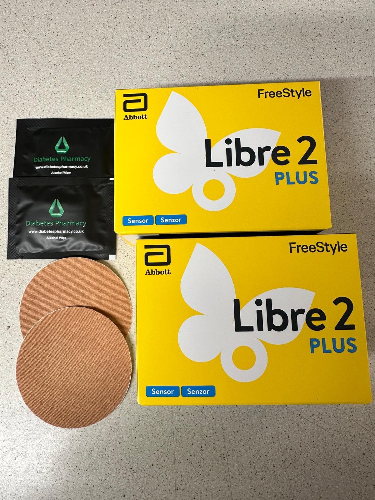Abbott Freestyle Libre 2 Plus Sensor Pack of 2 for diabetes monitoring CGM for UK + Free Arrowedge alcohol wipe and ULTRAHUMAN water proof CGM Patches to be used with LibreLink app UK, reader ONLY