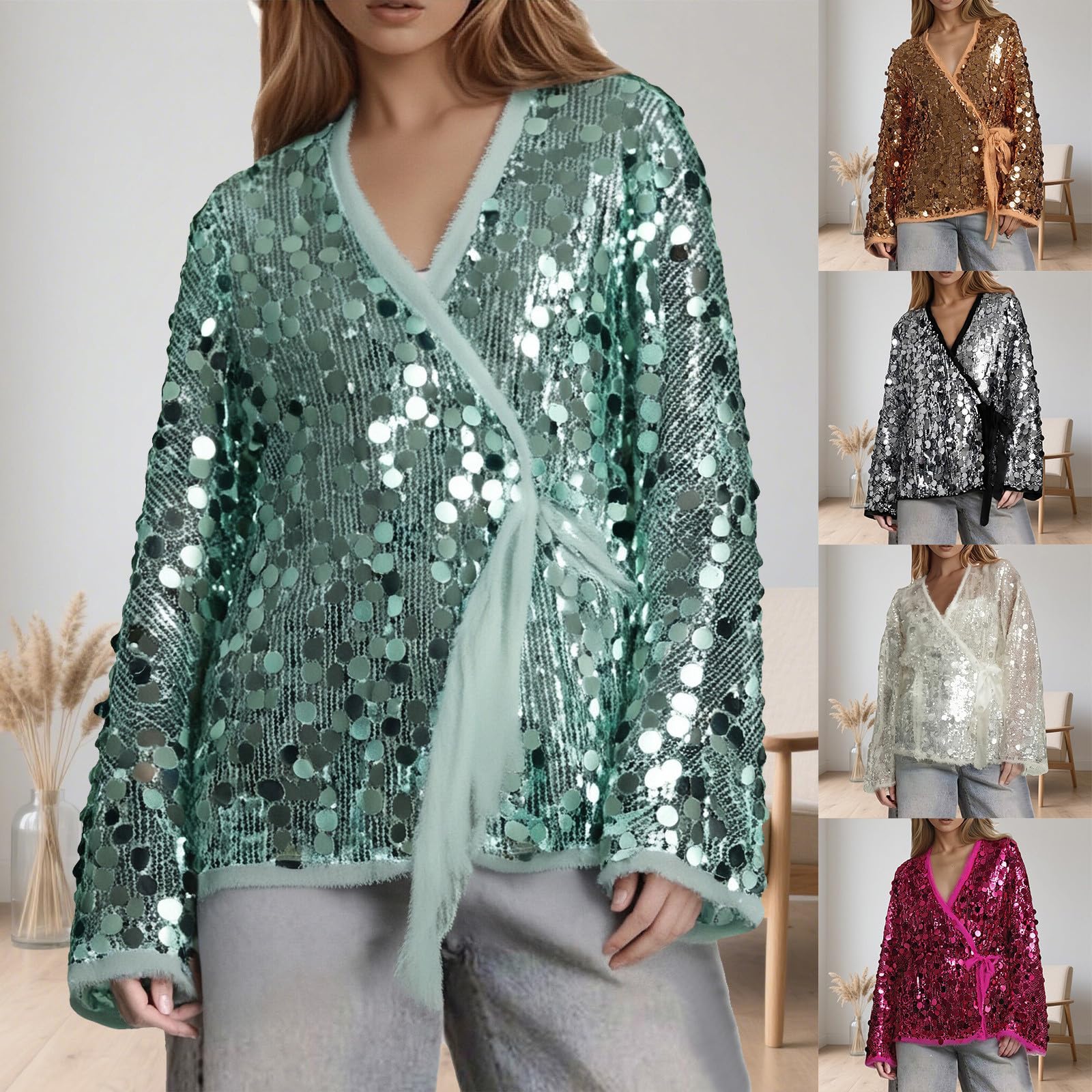 Generisch Paillettenjacke Damen Glitzer Jacke Kimono Stil Strickjacke Kurz Cardigan Bolerojacke Lange Ärmel Vorne Offen Übergangsjacke Longshirt Lang Pullover Party Cocktail Top Bluse