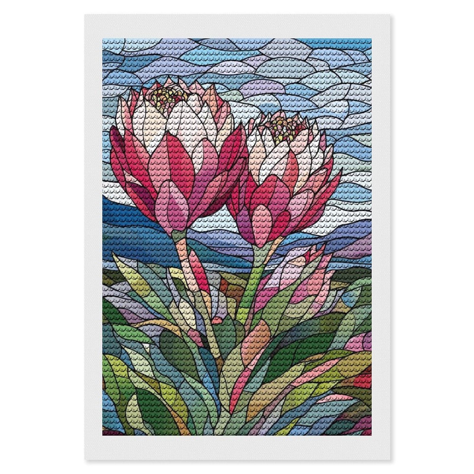Junmoney Stained Glass Proteas Round Drill Diamond Painting 8"x12", for Craft Lovers, Stress Relief Craft, Bedroom Decor, Festive Craft Gift