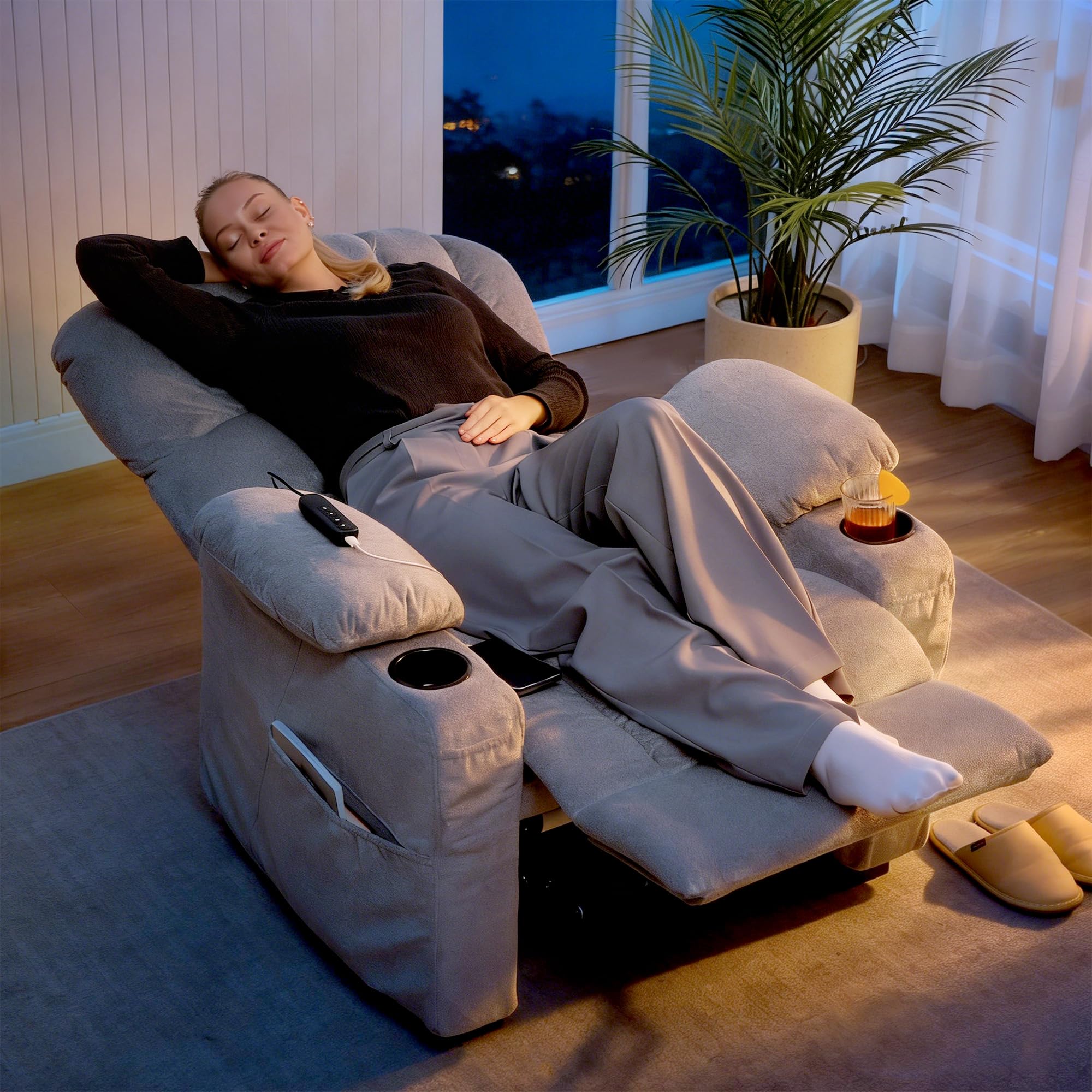 HOMCOM Sillón Relax Reclinable Eléctrico, Sillón Reclinable Silencioso de Terciopelo con Función Memoria, Reposapiés, Mando a Distancia, Bolsillos, Puerto USB, Portavasos, Respaldo Concha, Gris