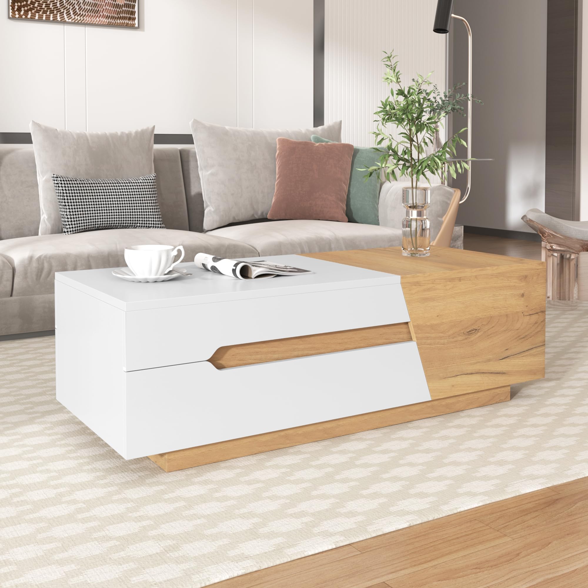SUKY Mesa de centro extensible, mesa de salón con cajones, mesa auxiliar con estructura de bloques de color, 120 x 50 x 37,5 cm, color blanco y madera