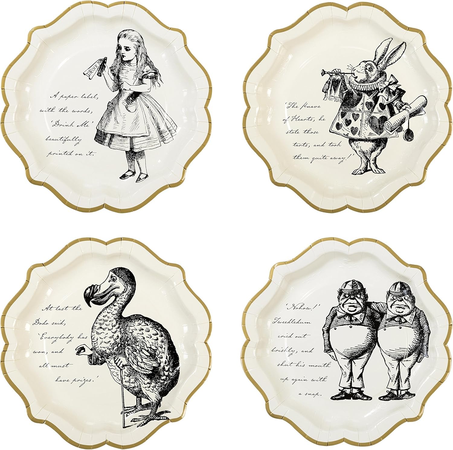 Talking Tables Truly Alice in Wonderland Medium Scalloped Paper Plates 12-Pack, White/Black