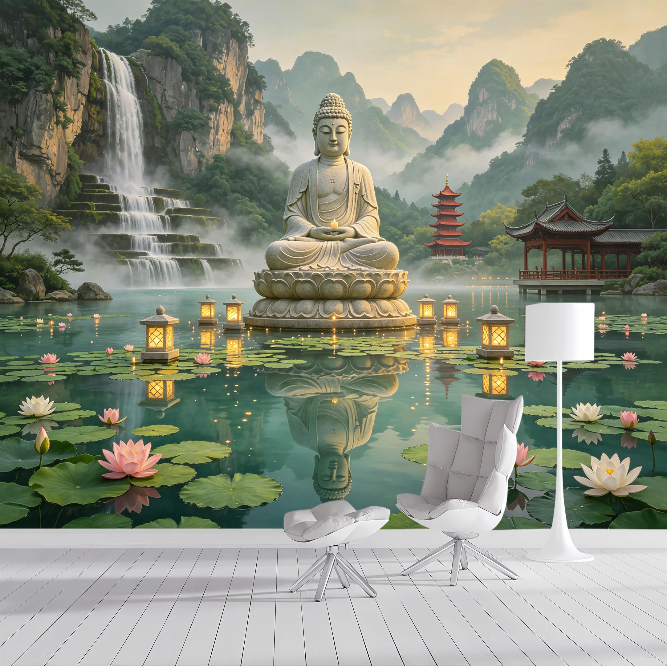 Custom Size Wall Mural Zen Waterfall Oriental SelfAdhesive Wall Fabric Removable Peel and Stick Wallpaper Wall Decor for Living Room Bedroom Bathroom