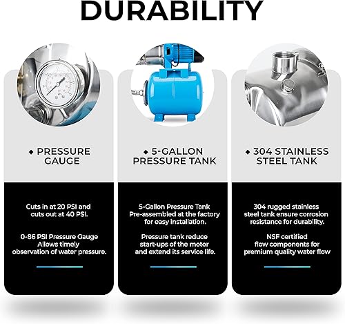 Miniatura 5 de Bomba de pozo poco profundo con tanque de presión de 1.5 HP, bomba de chorro de riego 1200 GPH Sistema automático de aspersor de elevador, bombas de