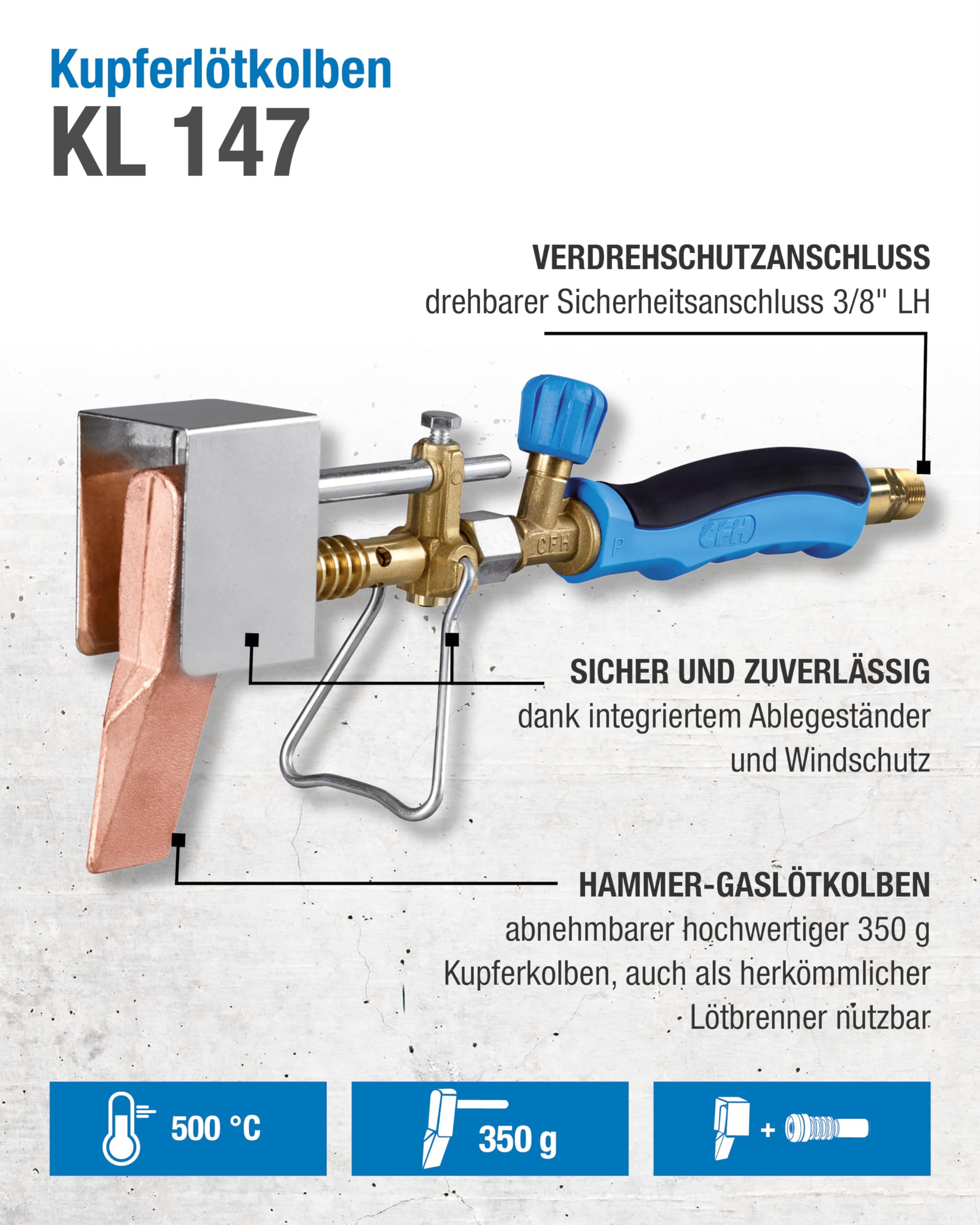 CFH Kupferlötkolben KL 147 350 g Hammer Gas Lötkolben zum Weichlöten