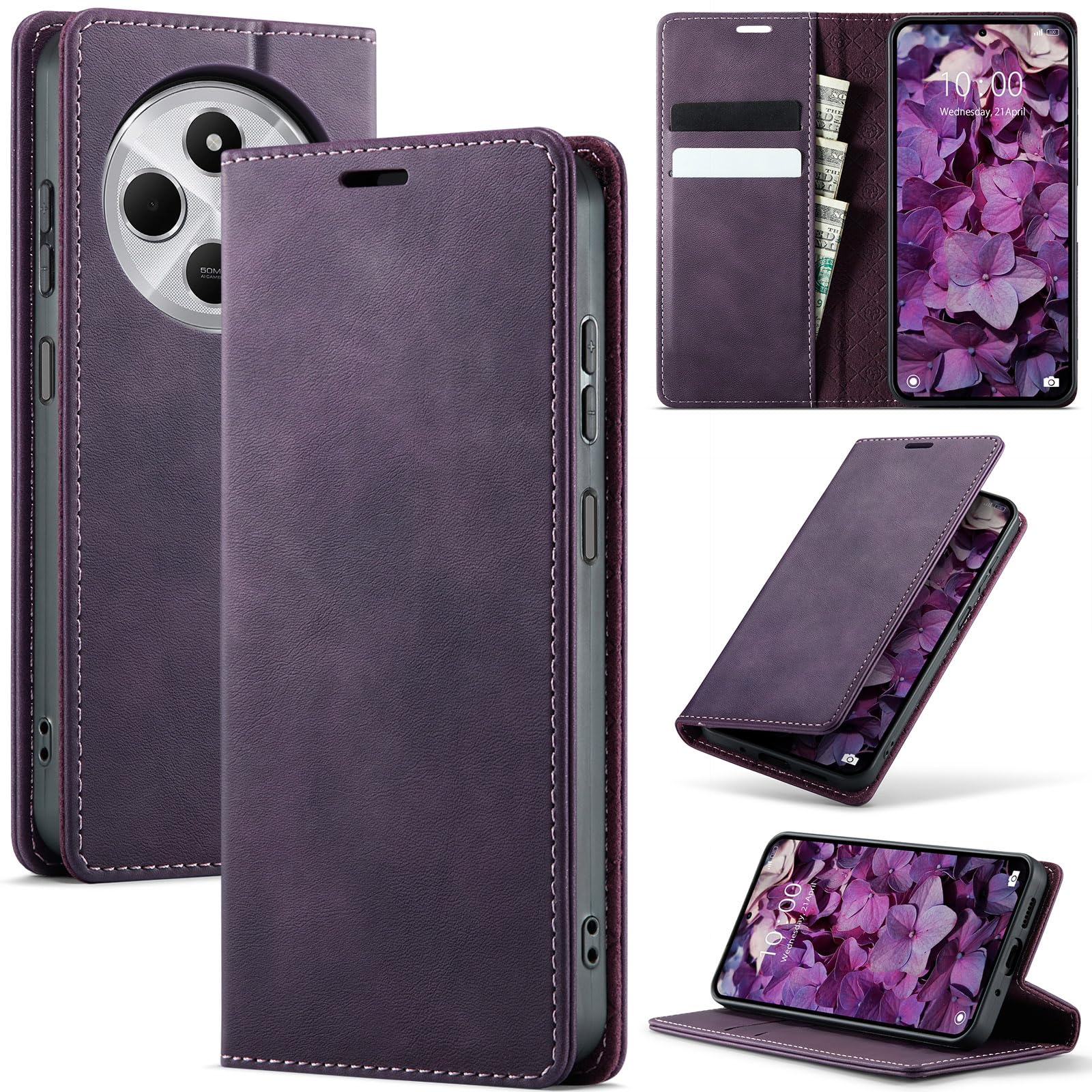 Azororo Cover per Redmi 14C 4G, Premium PU Pelle Custodia, Magnetica Carta Fessura Portafoglio Case, Flip Cavalletto Custodia per Redmi 14C 4G - Viola