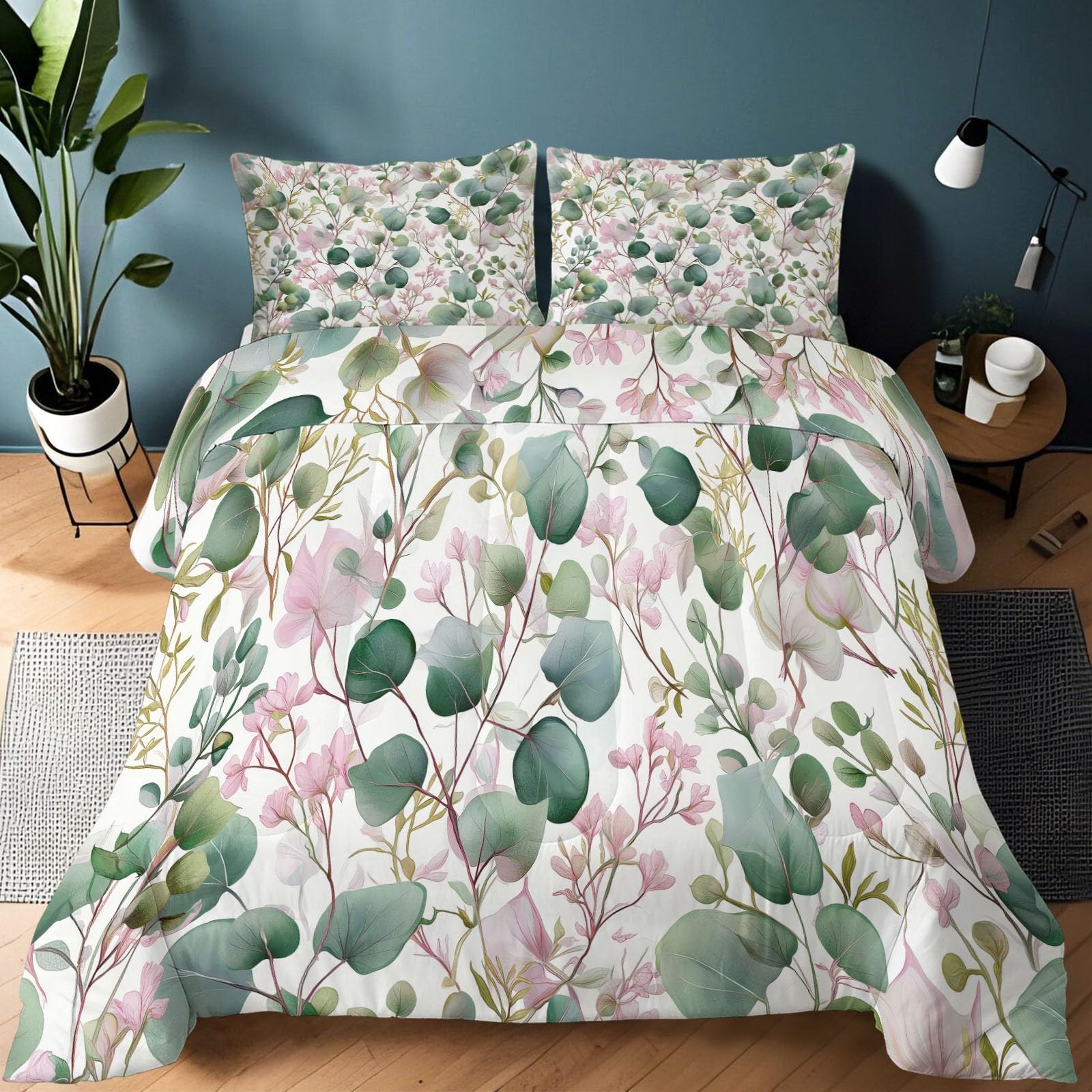 Bettdecke 4-Jahreszeiten Steppdecke in 135x200 cm mit Pflanzen Eukalyptusblätter Wildblumen, Warme und Weiche Schlafdecke ohne Bezug mit 2 Kissenbezügen, Rosa Grün
